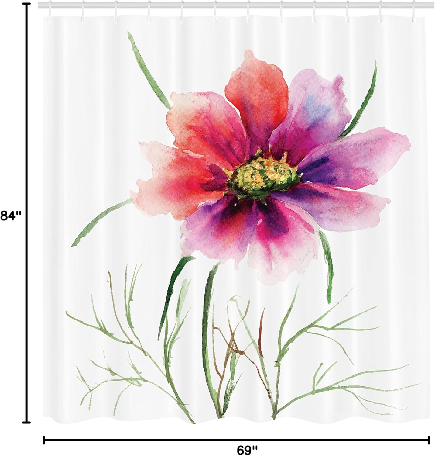 Ambesonne Watercolor Shower Curtain, Colored Flower Blossom Nature Spring Revival of Life Illustration, Cloth Fabric Bathroom Decor Set with Hooks, 69" W x 84" L, Dark Green Fuchsia Red