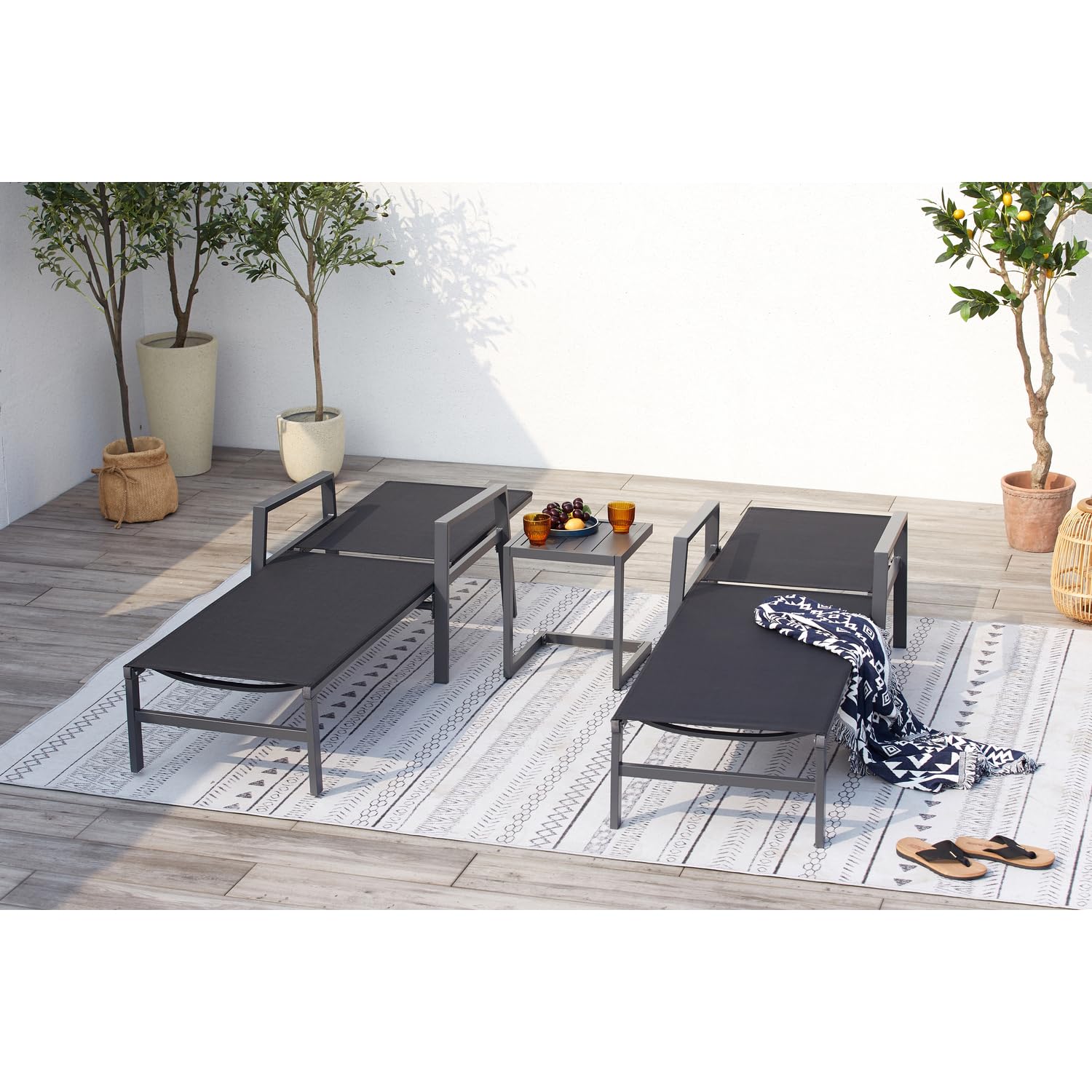 CONCEPT USINE Lot de 2 Transats Bari Noir avec Table d'Appoint Aluminium