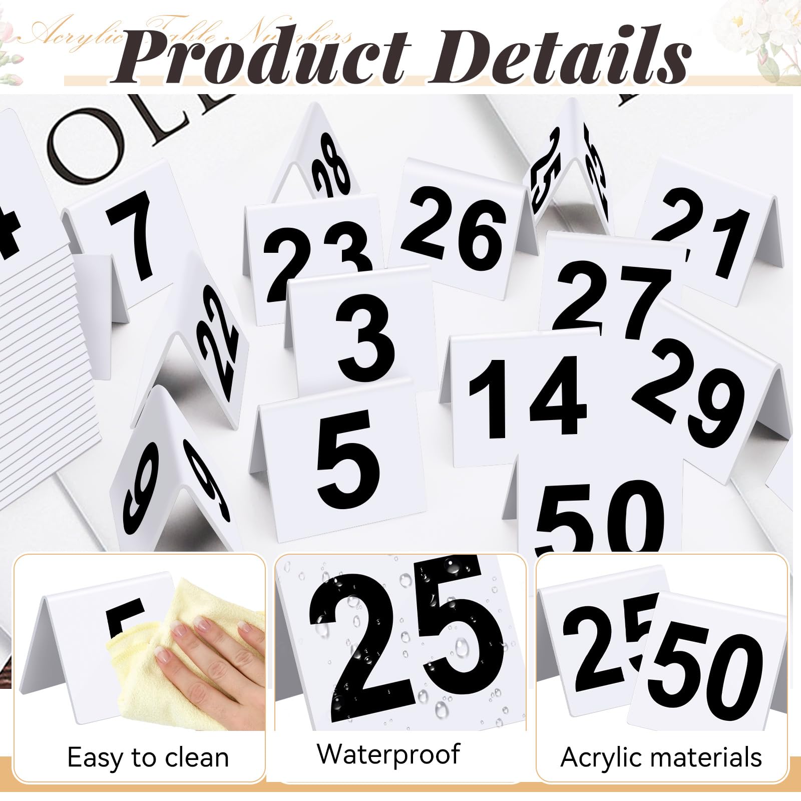 Lot de 50 numéros de table en acrylique, numéros de table numérotés double face pour restaurant, décoration de table de mariage (blanc)