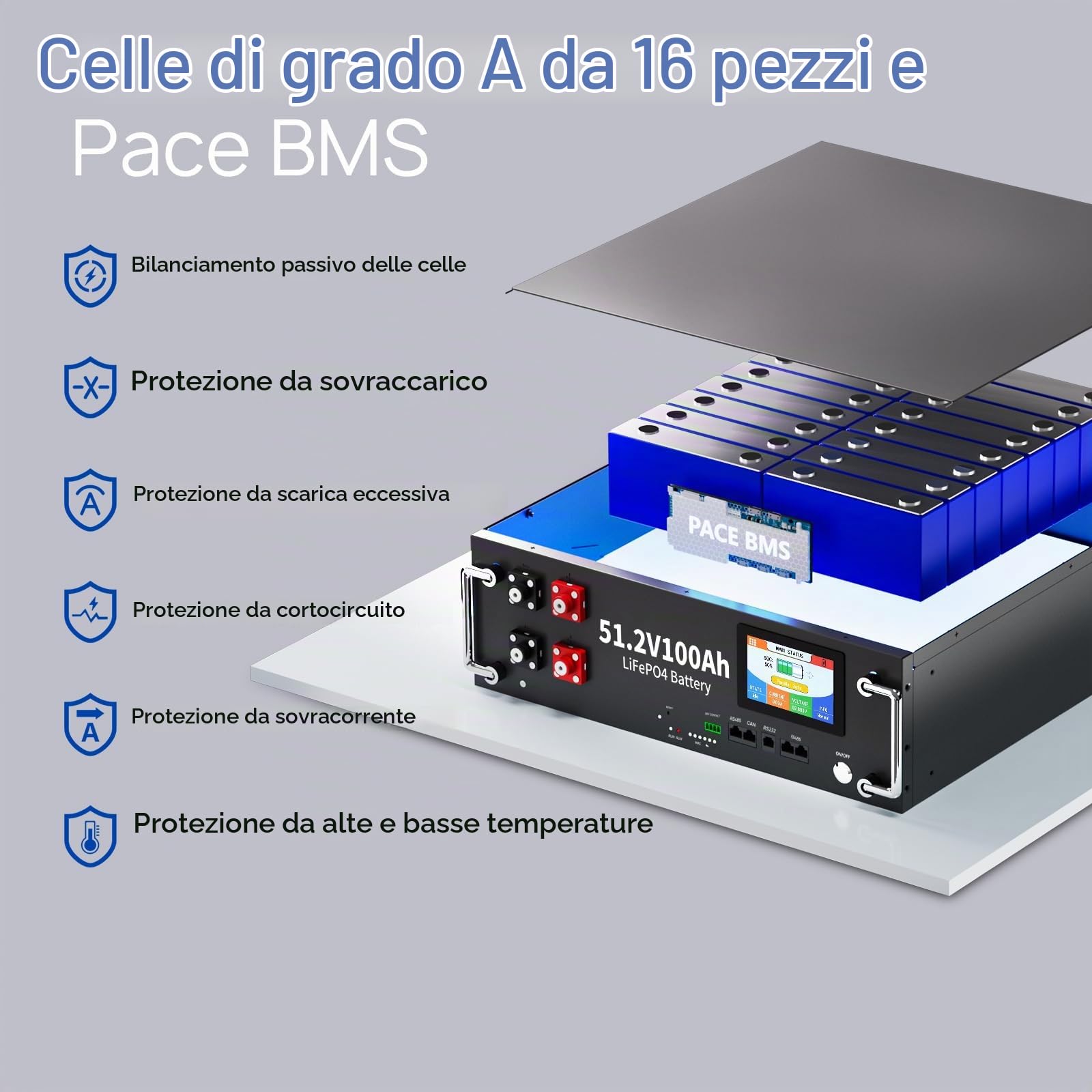 batteria al litio 48V 400Ah, batteria di accumulo LiFePO4 da 20kWh, connessione RS485 e CAN, Smart Display, per accumulo fotovoltaico, batteria off-grid, impianto solare, camper