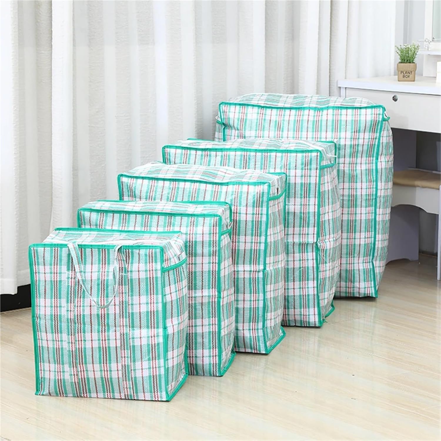 Heavy Duty Moving Bags Thicken Printing Portable Woven Plaid Storage Bag, Moving Shopping, Travel Packing, Large-capacity Clothes Sorting Quilt(Green,50x55x30)