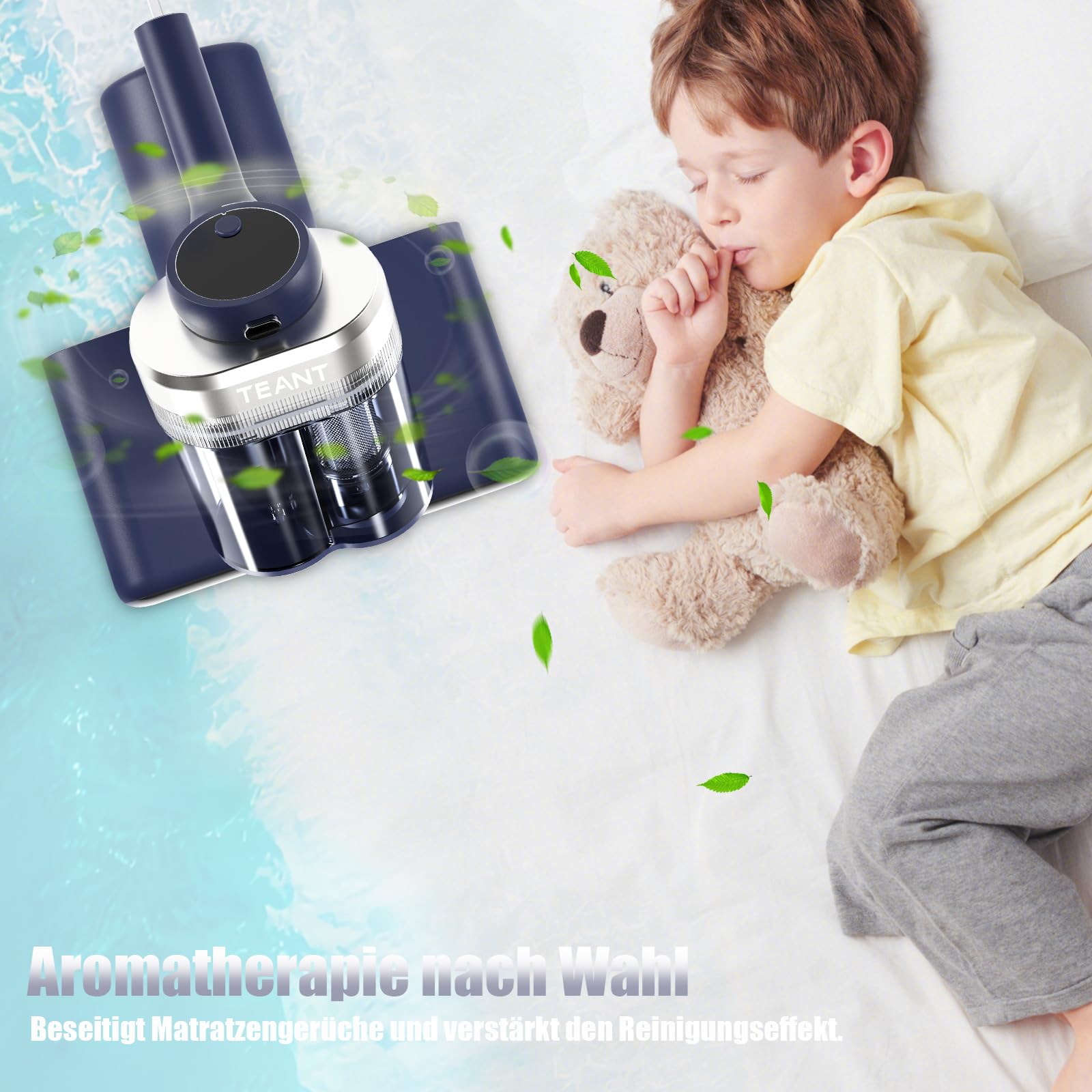 Teant Milbensauger für Matratzen mit UV Licht, 16kPa Matratzensauger mit LED Display, 65℃ Heißluft & HEPA, Ultraschall, Aromatherapie, Dual-Cup Matratzenreiniger für Bett/Teppich/Sofa/Tier/Allergiker