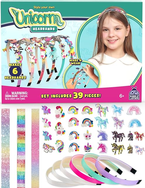 PURPLE LADYBUG Make Your Own Unicorn Headband for Girls - Great Girl Gift for Valentines Day, Easter Presents & Unicorn Gifts for Girls - Fun Kids Craft Kits, Create 6 Head Bands with 29 Pretty Charms