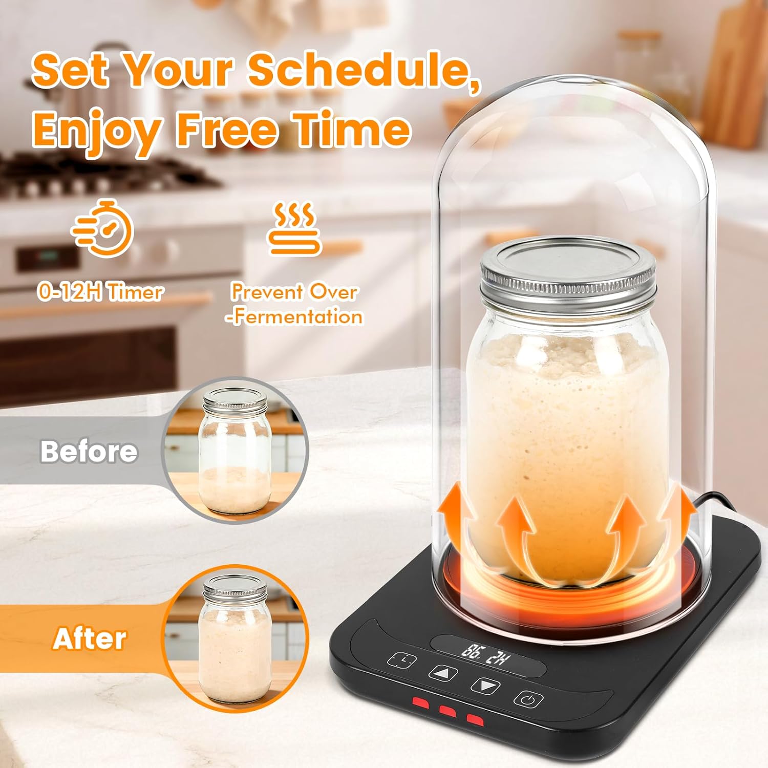 Sourdough Starter Warmer with Glass Dome, Sour Dough Warmer and Glass Cover - 70-100°F Precise 1°F Thermostat Control & 0-12H Timer Auto Warming ON/Off, Sourdough Warming Heating Mat