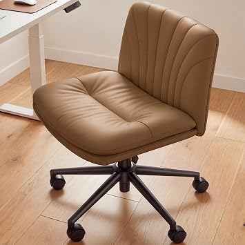 Marsail Armless-Office Desk Chair with Wheels PU Leather Cross Legged Wide Chair,Comfortable Adjustable Swivel Computer Task Chairs for Home,Office,Make Up,Small Space,Bed Room, Brown