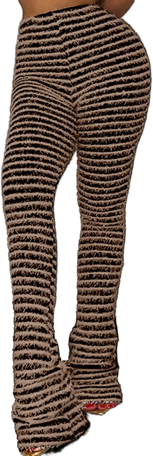 Vaceky Women's Stacked Fuzzy Pants High Waist Black and White Striped Bell Bottoms Street Casual Sweatpants