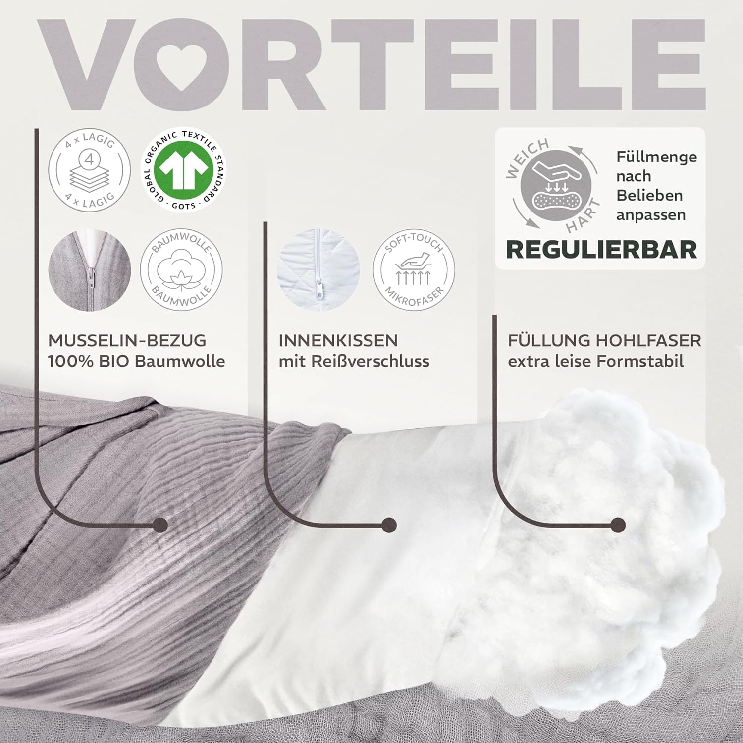Sei Design XXL Stillkissen 190 cm x 35 cm Musselin-Bezug ergonomisch Schwangerschaftskissen Seitenschläferkissen Komfortkissen Bio-Baumwolle