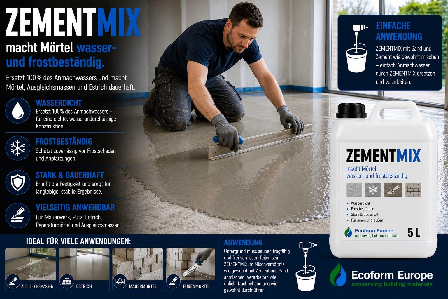Zementmix 25 Liter – Beton wasserdicht machen – Zementzusatz gegen Feuchtigkeit – Für Keller, Beton, Mörtel und Estrich