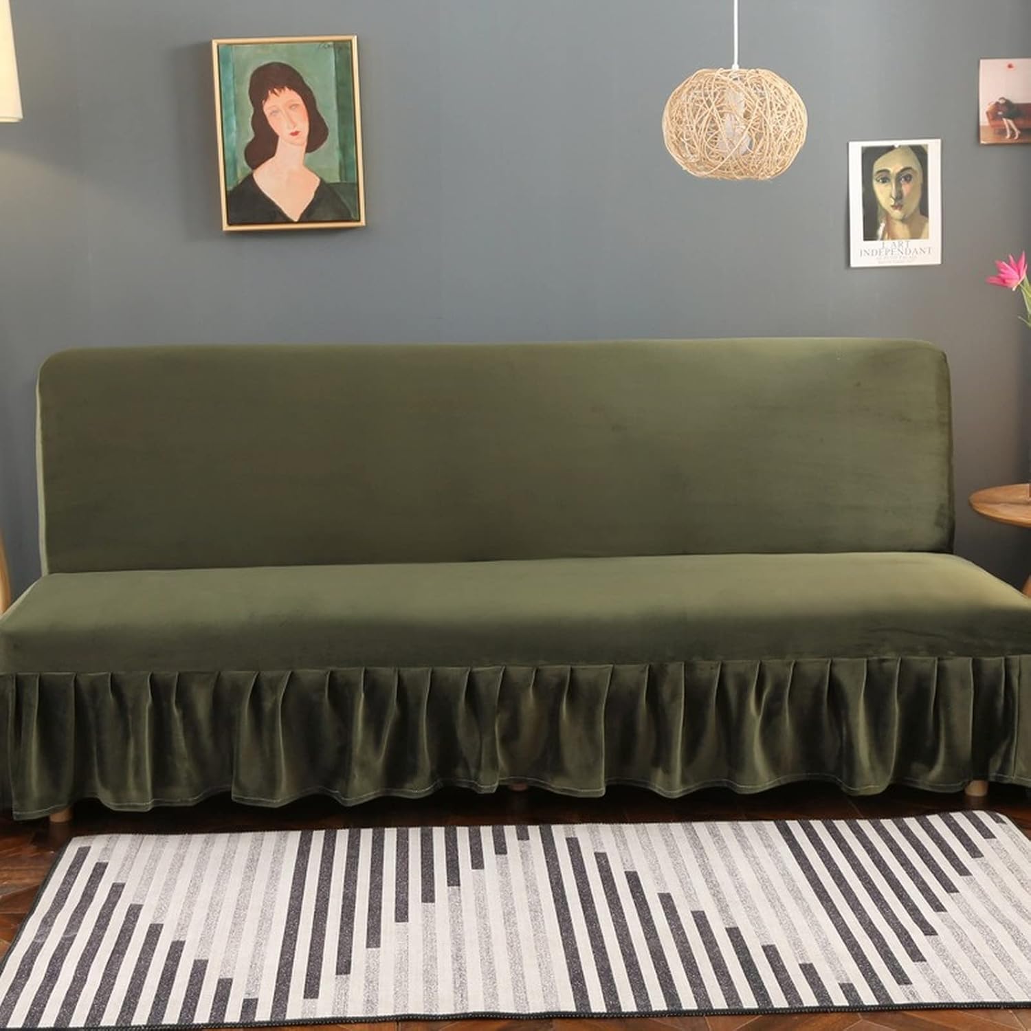 Velvet futon Cover,Armless Soft Plush Futon slipcover with Ruffle Skirt,Stretch Futon Sofa Bed Cover for Home Office Hotel (Olive Green,L:70-77in)