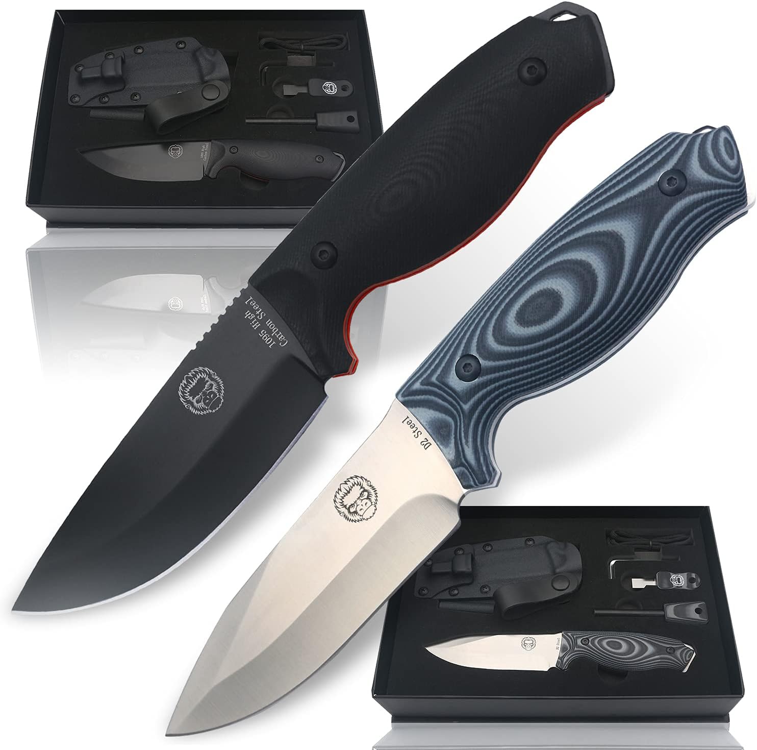 1095 High Carbon Survival Steel Knife Gift Set and D2 Damascus Steel Survival Knife Bundle
