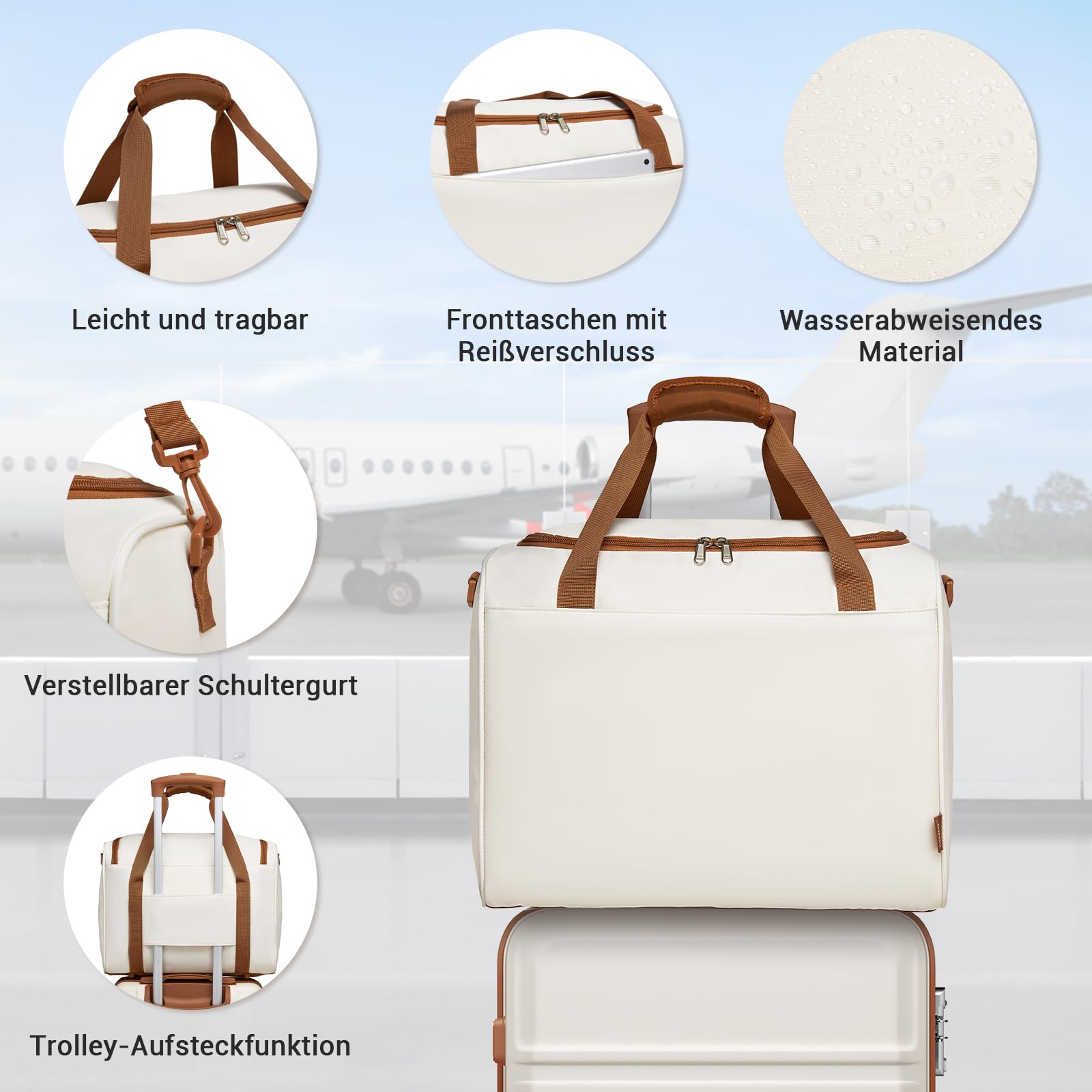 KONO 55cm Handgepäck-Koffer Trolley Set 2-teilig Gepäcksets, Kleiner Koffer mit Rollen, Ryanair Reisetasche 40x30x20cm, Cremeweiß