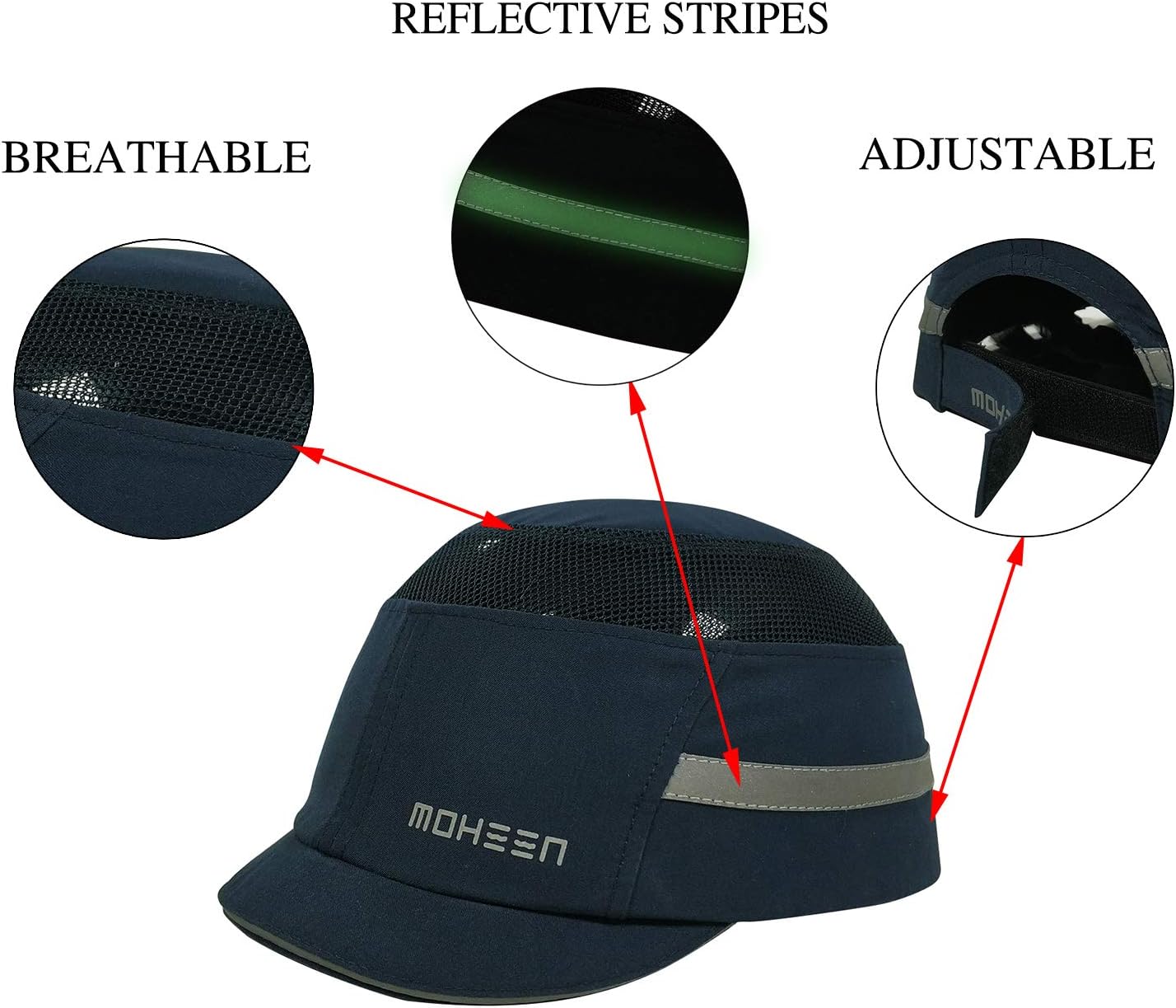 Lightweight Safety Bump Cap - Breathable Baseball Style Protective Hat with Reflective Stripes