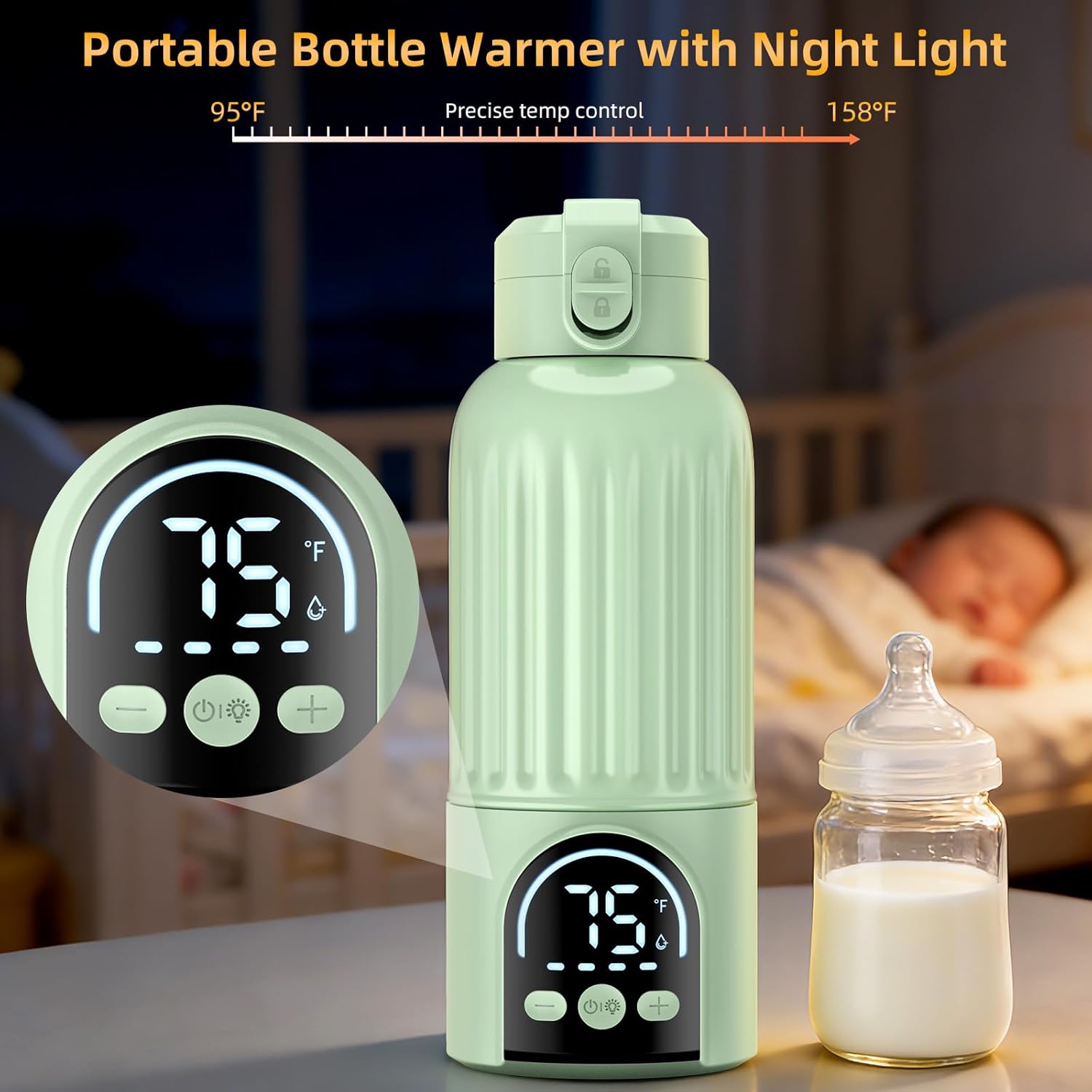 Portable Bottle Warmer for Travel, 17oz Large Capacity, 18000mAh Battery Life, Dual Heating Modes for Breast Milk Water, Fast Heating, Cordless Milk Warmer for Car Airplane Outdoor (Green)