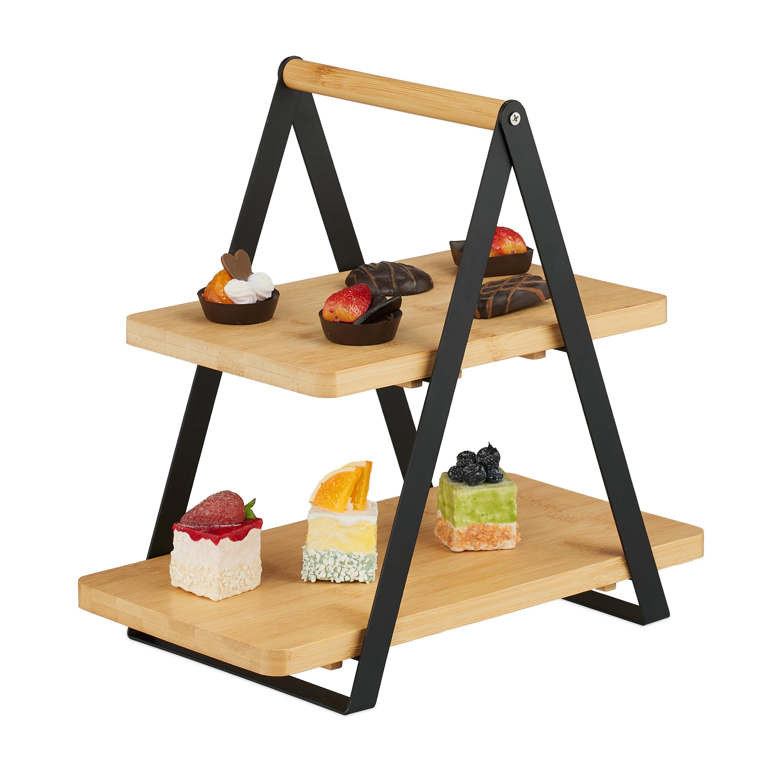 Relaxdays Soporte Tartas, 2 Pisos, Bambú, Metal, Bizcochos, Muffins, Fruta, 33x34x19 cm, para Servir, Natural/Negro