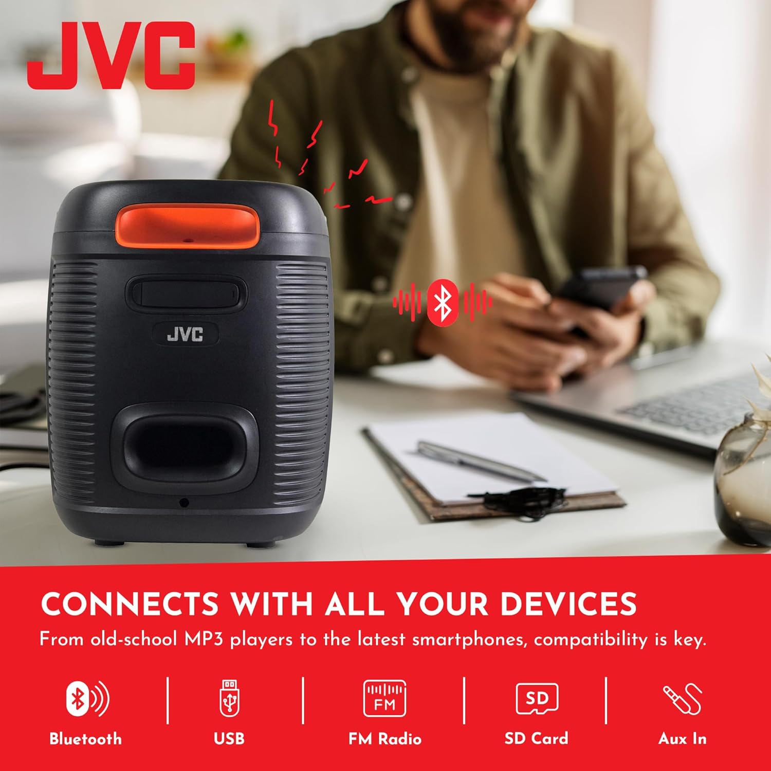 JVC XS-N3123PB speaker with text indicating 4000mAh rechargeable battery.