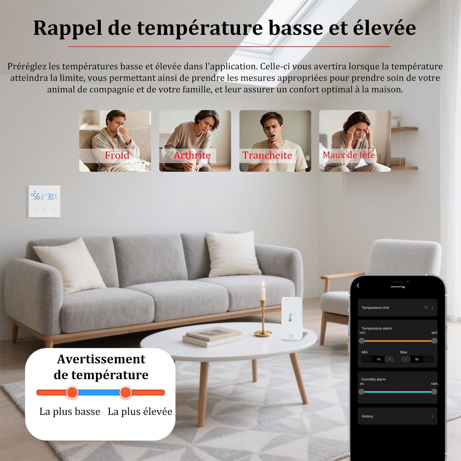 Interrupteur Lumière Connecté Mini Capteur Température D'humidité Intérieur | Tuya WiFi Interrupteur Tactile 3 Voies Mural Light Switch avec Rétroéclairage(Conducteur Neutre Requis) pour Alexa/Smart Life