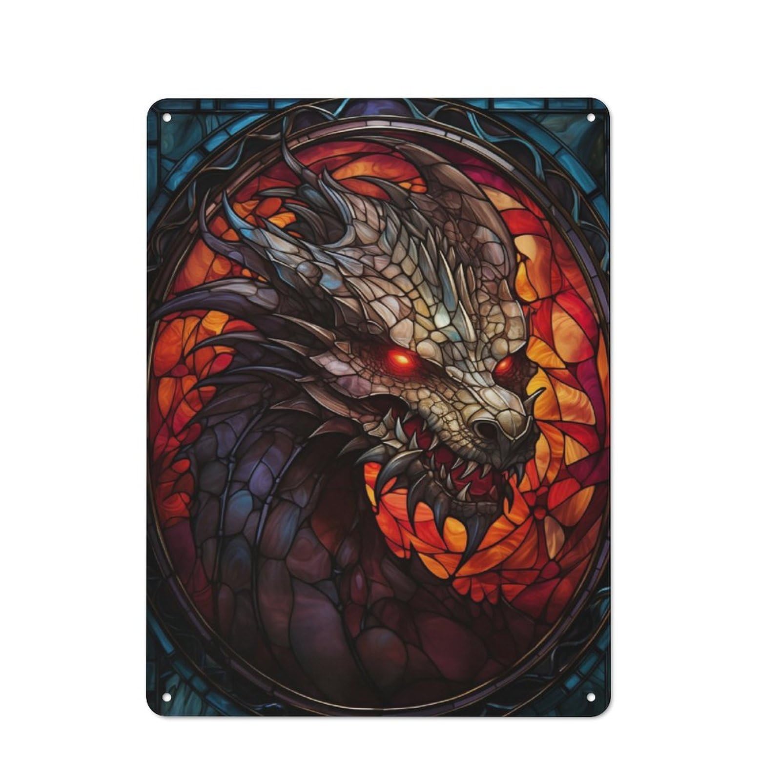 Junmoney Stained Glass Dragon Wall Country Vintage Metal Wall Decor 40X30cm, Country Metal Sign For Kitchen, Cottage, Porch Or Garden Room