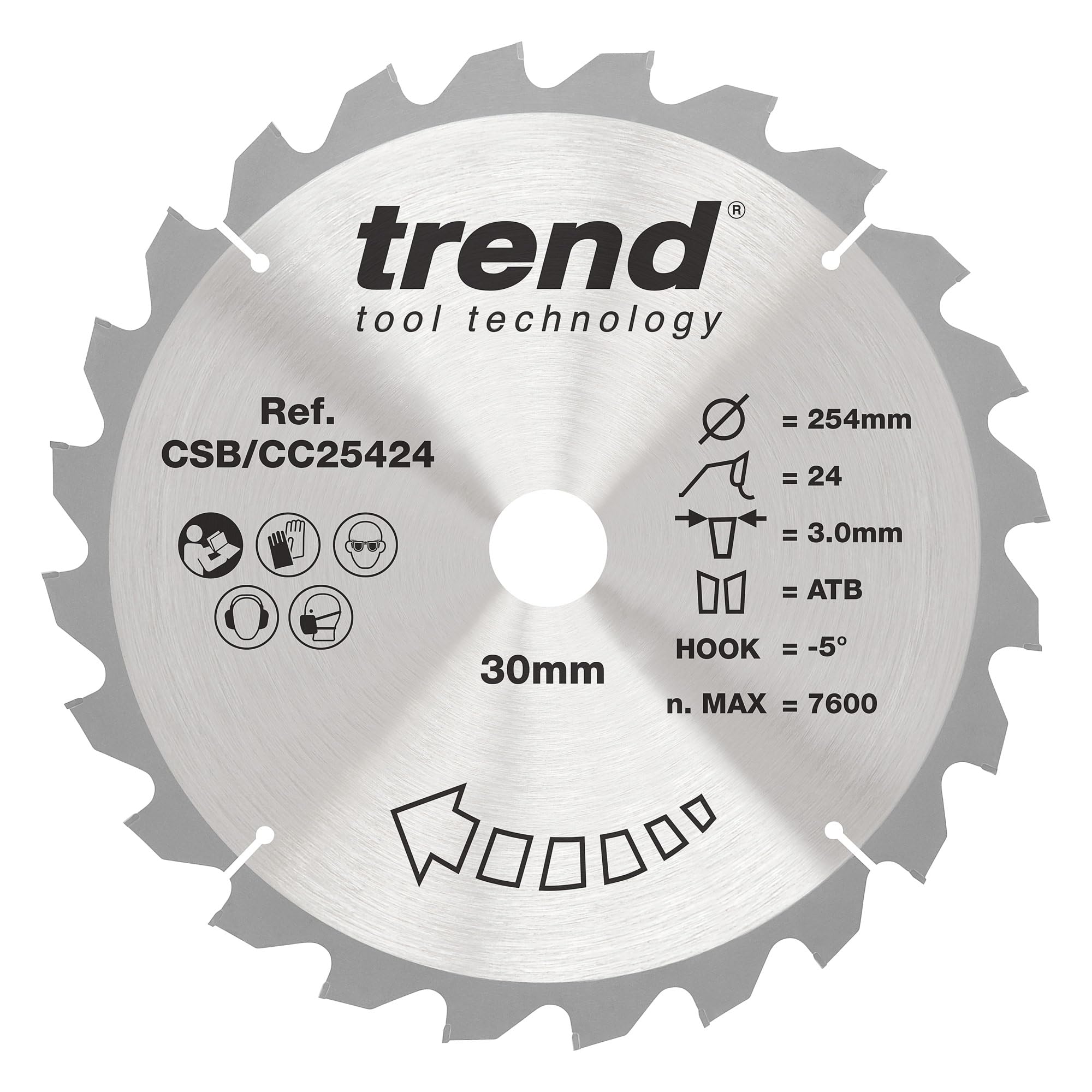 Trend Wood Mitre Saw Blade, 254mm Diameter, 30mm Bore, 24 Teeth, 3mm Kerf, -5° Hook, TCT, Coarse Finish, CSB/CC25424