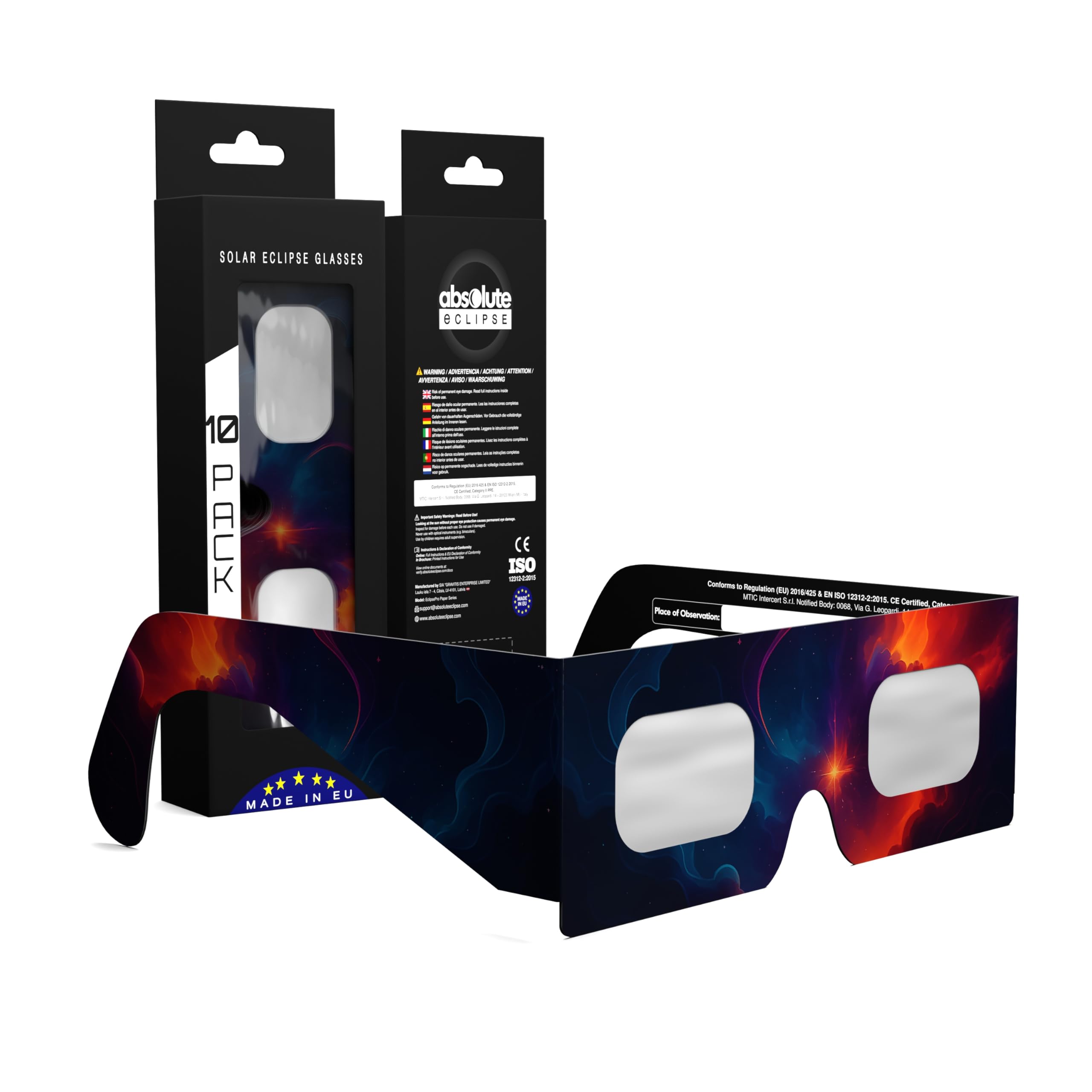 Solar Eclipse Glasses ISO 12312-2 & CE Certified – Safe Solar Viewing for Direct Sun & August 2026 Eclipse | Paper Cardboard Frame, Made in EU | For Kids & Adults | 10 Pack | Nebula