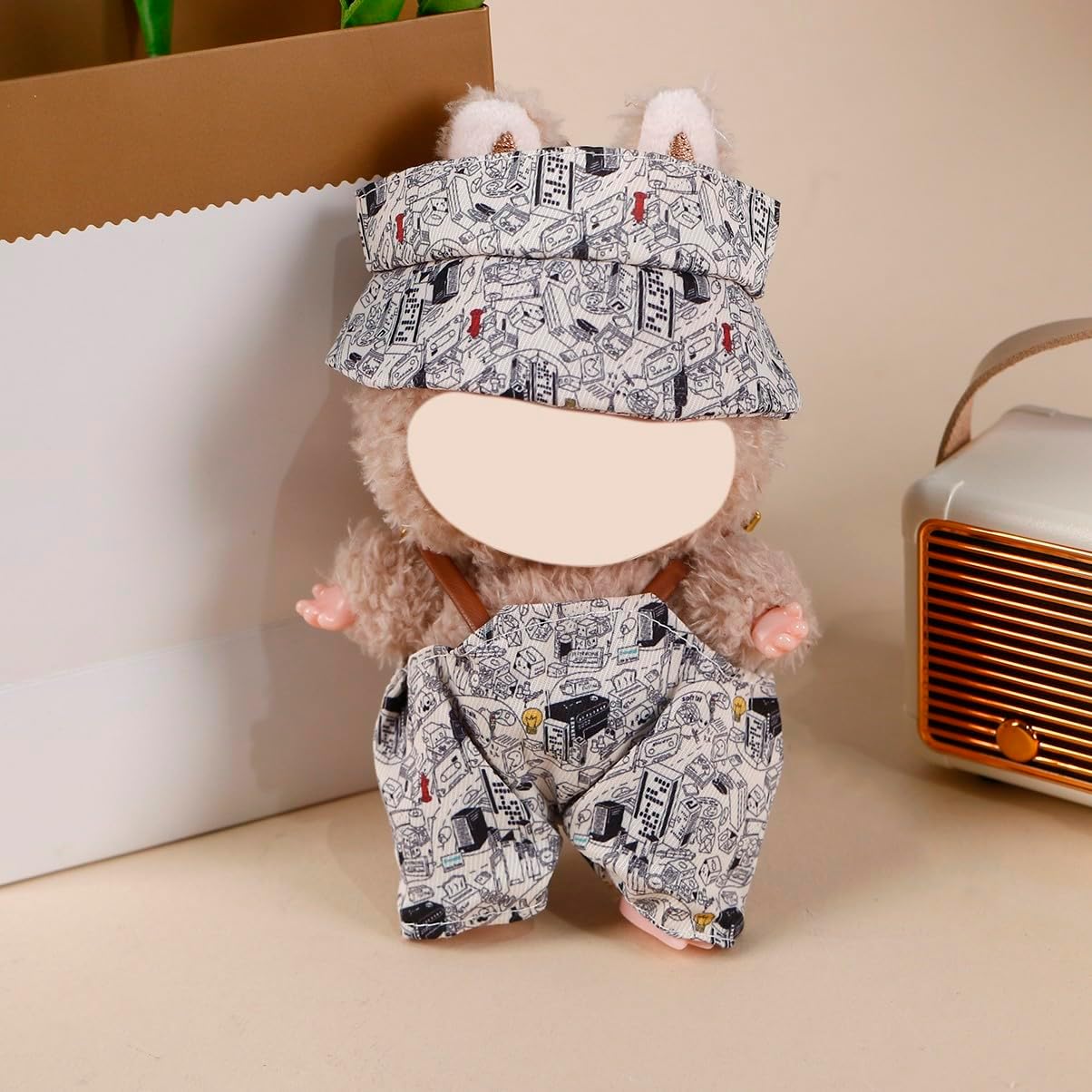 Compatible with Labubu 15cm/17cm (NO Doll Included) - Vintage City Print Hat & Brown Straps Overalls Set, Doll Outfit Accessories