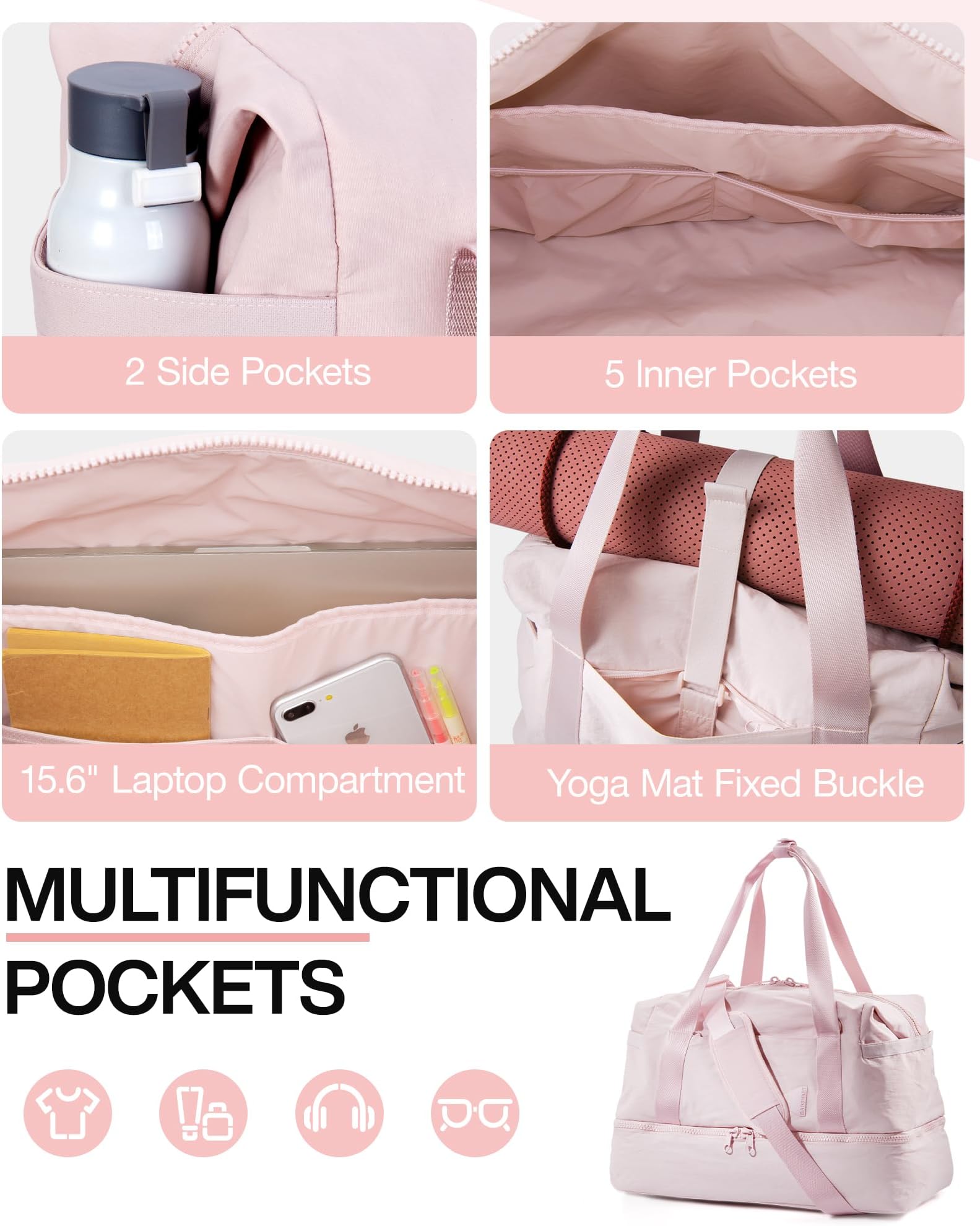 bagsmart Weekender Bags for Women, Travel Duffel Bags with Shoe Compartment,Personal Item Travel Bag for Airlines, Carry on Overnight Tote Bag with Toiletry Bag, Pink-37L