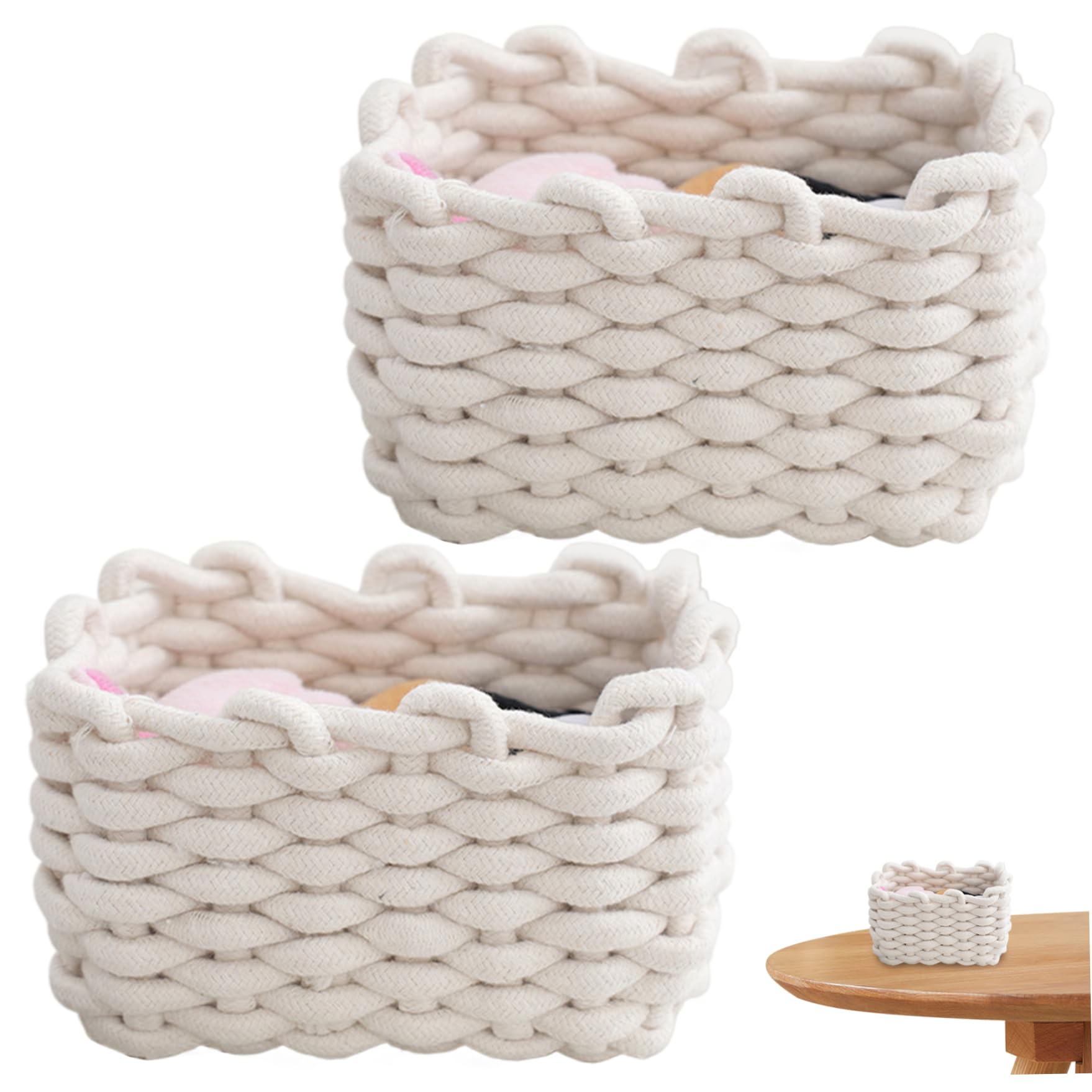 Cute Baskets 2Pcs Cotton Rope Basket, 7.5X5.9X4.7" Baskets, Braided Knitting Desktop Woven for Storage Remote Control, Snacks, Make-Up, Socks, Toys White -