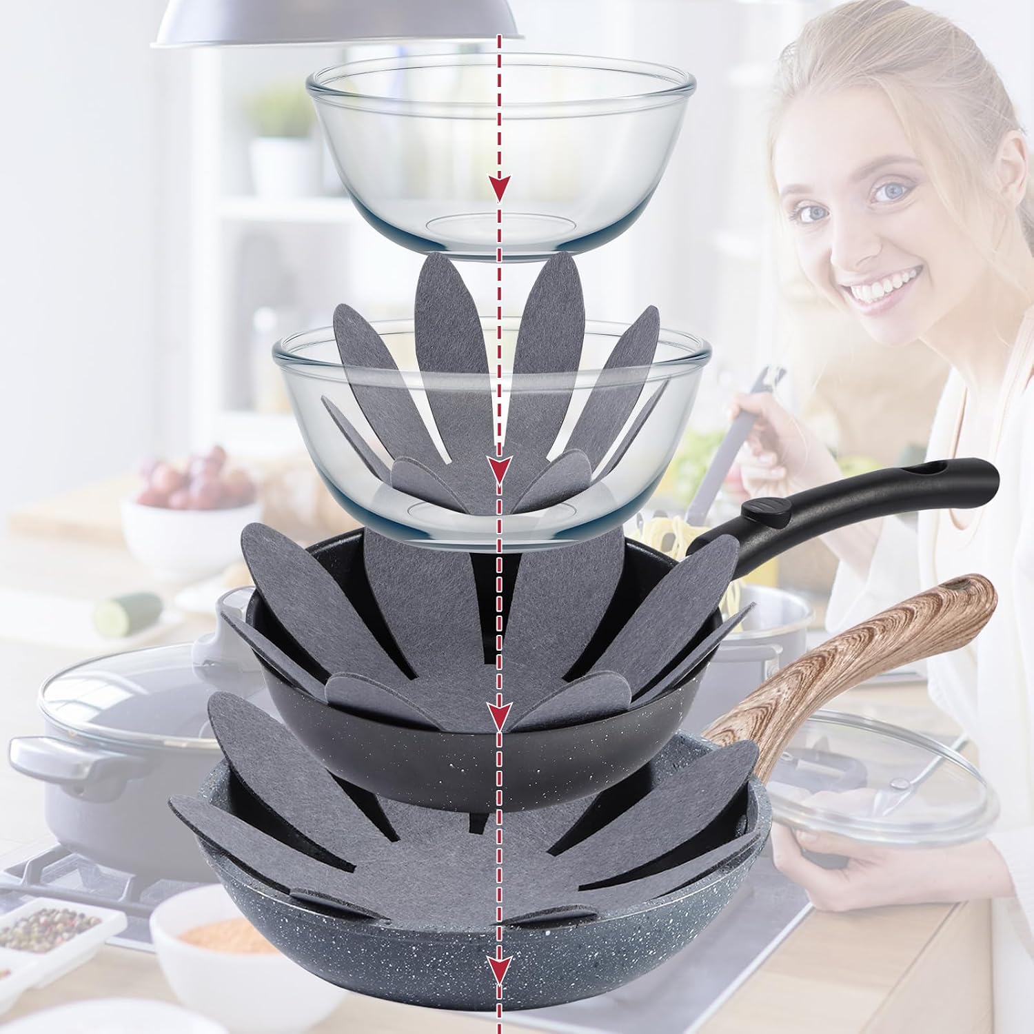 Queekay 36 Pcs Felt Dividers for Pots Pans, Pan Protectors,Gray | Thicker Separators Shield Cookware When Stacking, Different Sizes for Kitchen Organizing, Durable Dish Pads