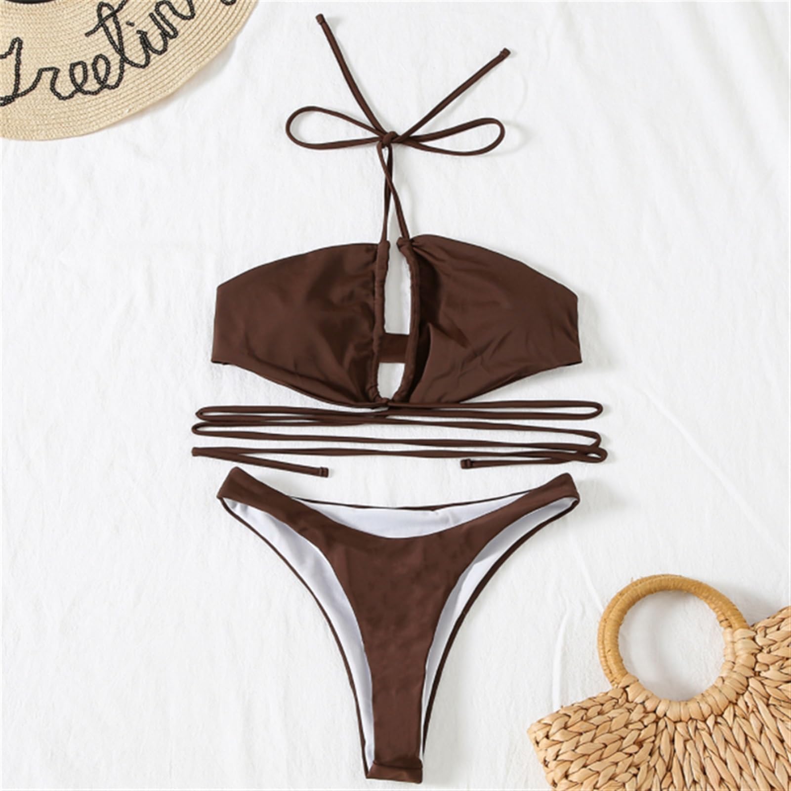 Costume Da Bagno Sexy Con Fasciatura Con Coulisse Costumi Da Bagno Da Donna Set Da 2 Pezzi Costume Da Bagno Solido Costume Da Bagno Da Spiaggia Con Scollo All'americana ( Color : Brown , Size : L )