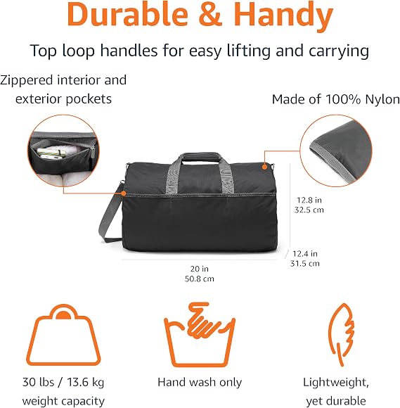 Amazon Essentials Duffel Bag for Travel and Sports, 20-inch Foldable Packable Nylon Bag with Multiple Zippered Pockets, 35 lb Weight Capacity, Collapsible for Easy Storage, Blac0