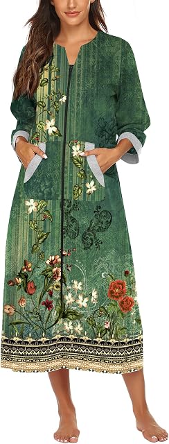 Ekouaer Women Zipper Robe 3/4 Sleeves Loungewear Full Length Sleepwear Pockets Housecoat Long Soft Bathrobe