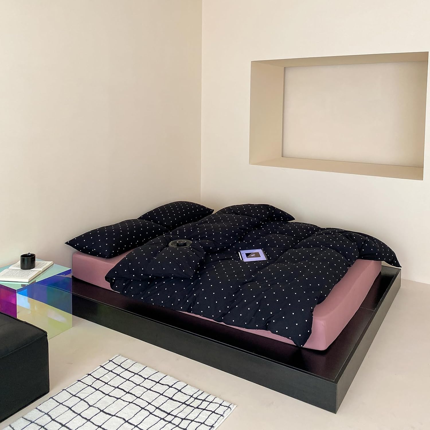 White Polka Dot Duvet Cover Queen Size Knit Cotton Soft Bedding Set 3 Pieces with Zipper Closure Modern Chic Comforter Cover and 2 Pillow Shams, Black Bedding Duvet Cover Set for Kids Adults, No Fade