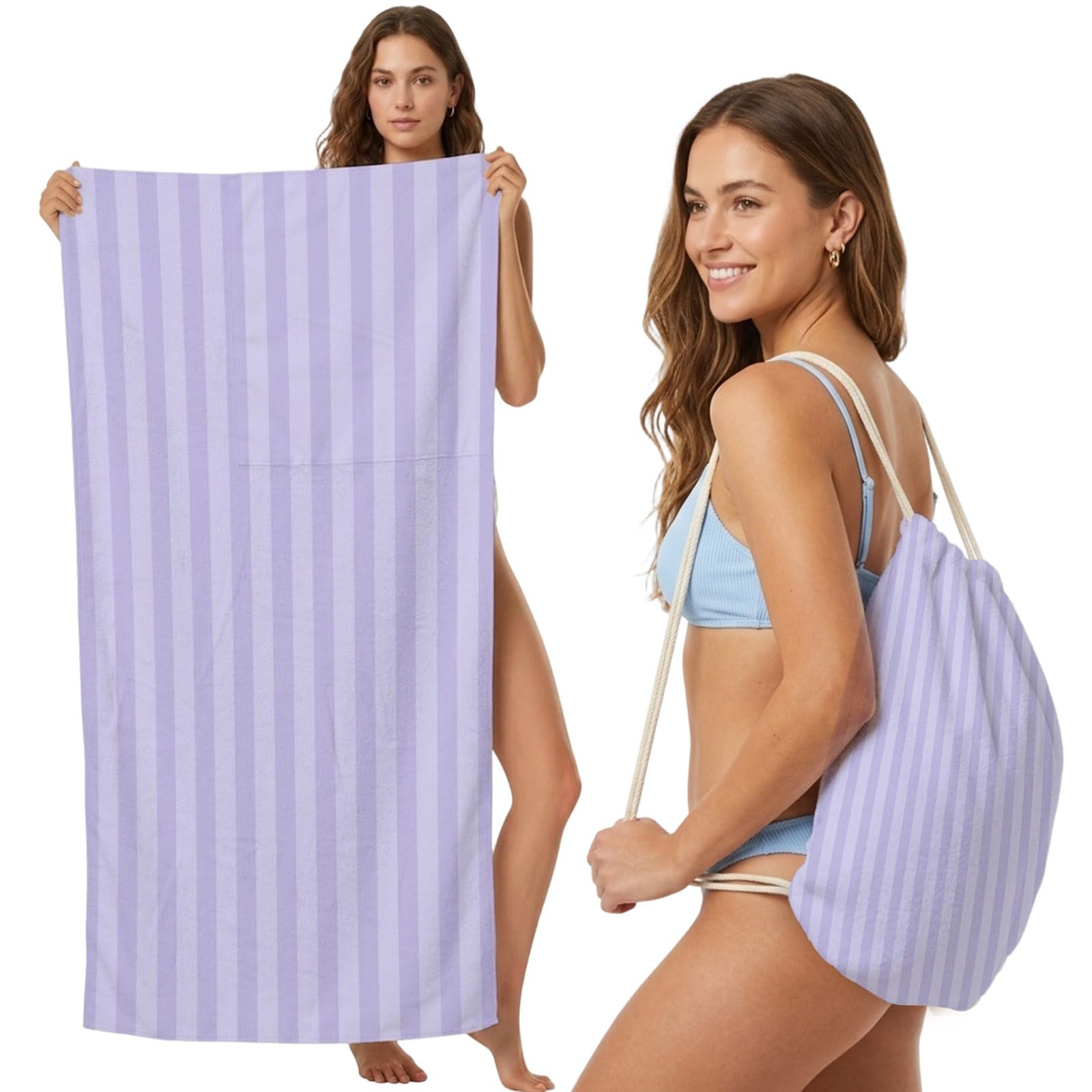 Beach Towel Bag 2 in 1 Lavender Vertical Stripes Bath Pool Towels Backpack Parallel Lines Striped Absorbent Beach Towel Soft Quick Dry Lightweight Packable Towels Drawstring Bag for Travel Sports Yoga
