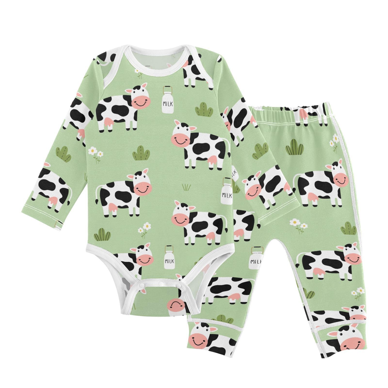 vvfelixl Baby Bodysuits Pants Sets Cute Cow Milk Long Sleeve Baby Onesie Clothes for Boys Girls 3-6M