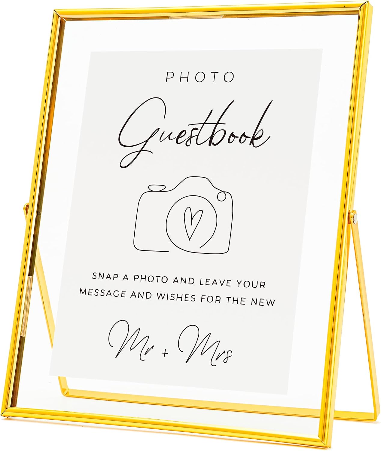 Calculs Photo Guest Book Sign, Gold 8x10 Floating Picture Frame | Double glass metal frame, fits 6x8 insert, photo guest book station, reusable tabletop frame for signs and photos