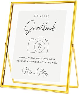 Calculs Photo Guest Book Gold Sign Holder, 8x10in Glass Picture Floating Frames Menu/Card Display Stand for Wedding Guestbook Inspo Party Table Decoration
