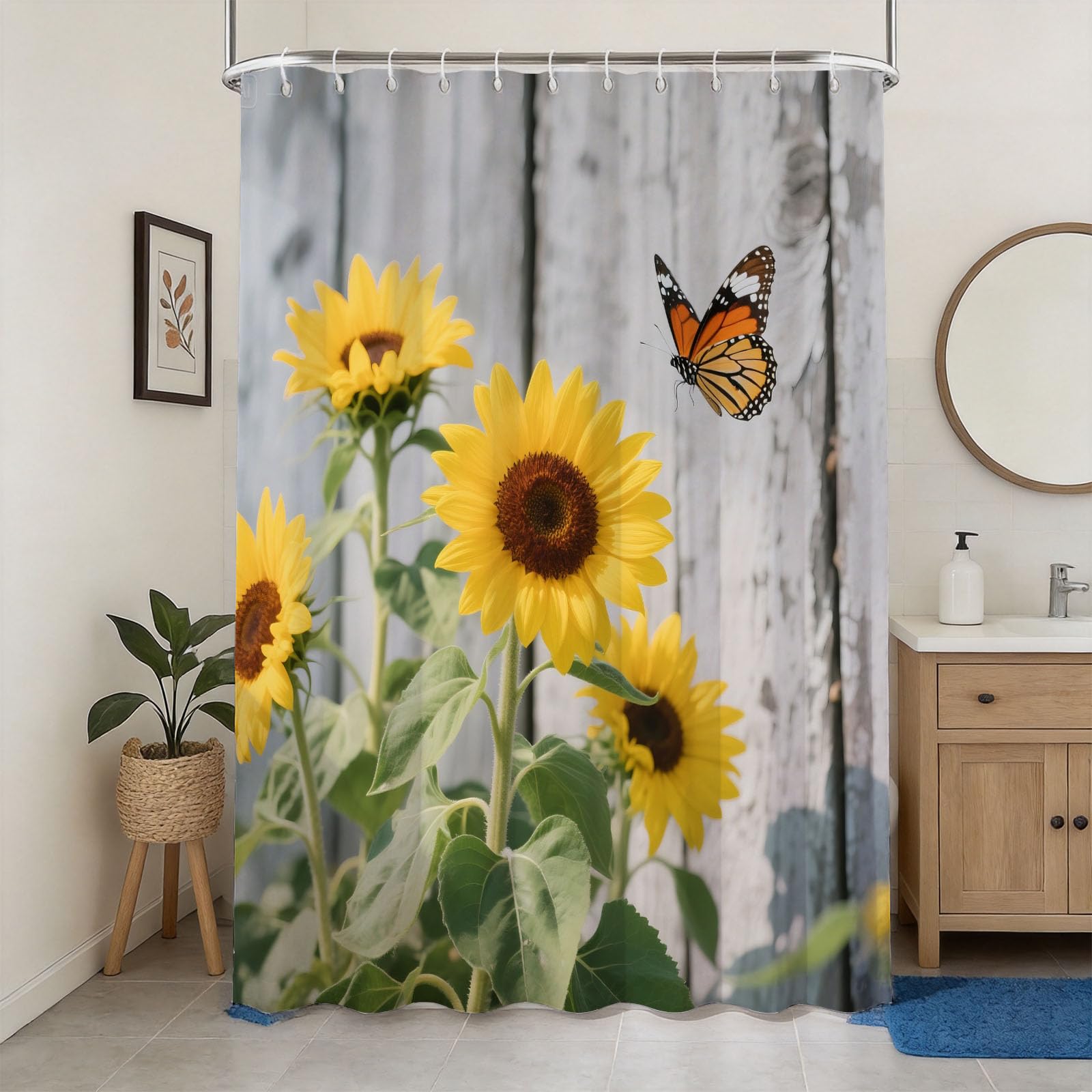 Hongduo 3D Sunflowers Printed Shower Curtain for Stalls Bathtubs Butterfly Bathroom Decor Shower Curtain Set Polyester Fabric Waterproof 180x200cm/71X79 Inch with Hooks