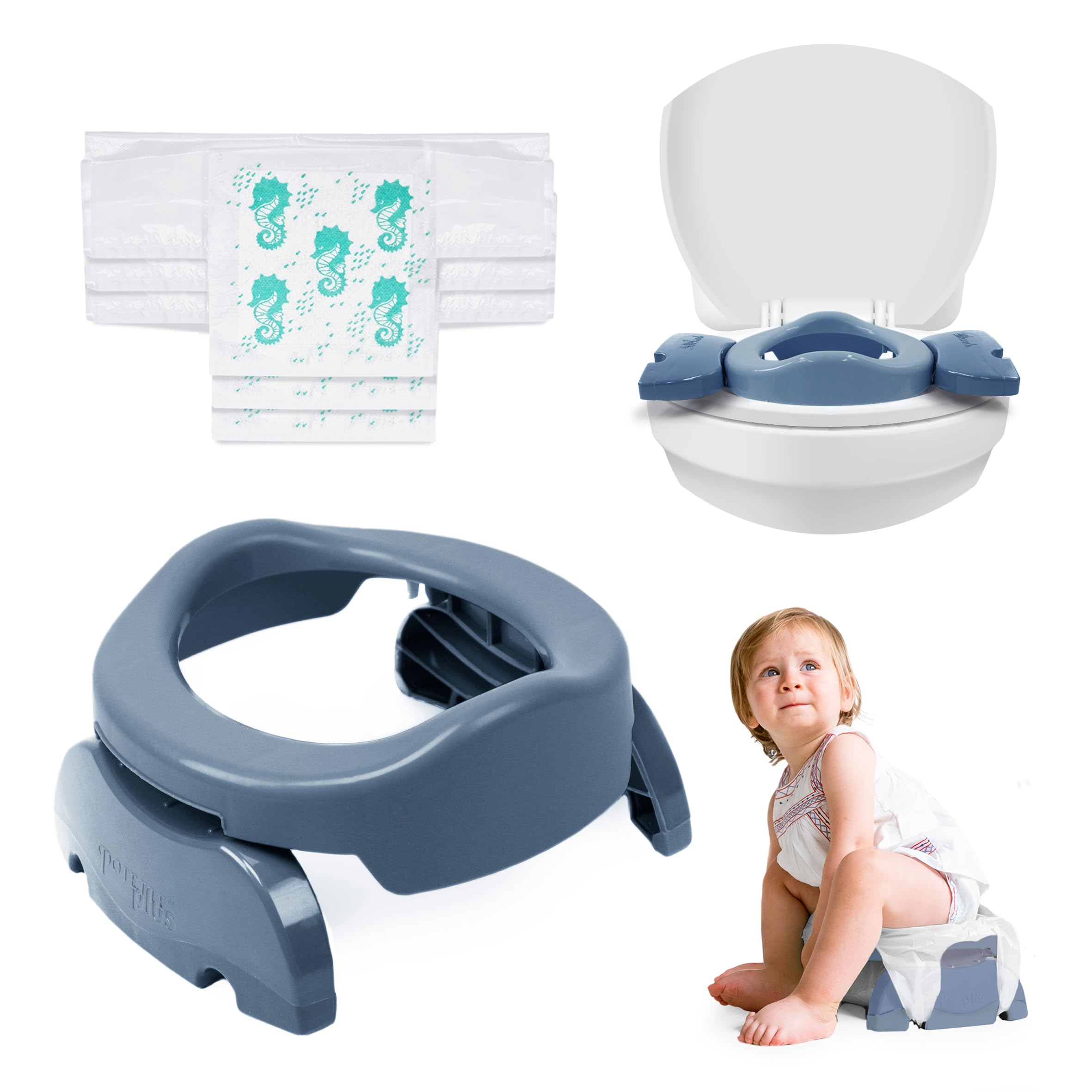 Potette Plus 2-in-1 Compact Travel Potty & Toilet Training Seat | Potty Training Essential for Toddlers | (Misty Grey)