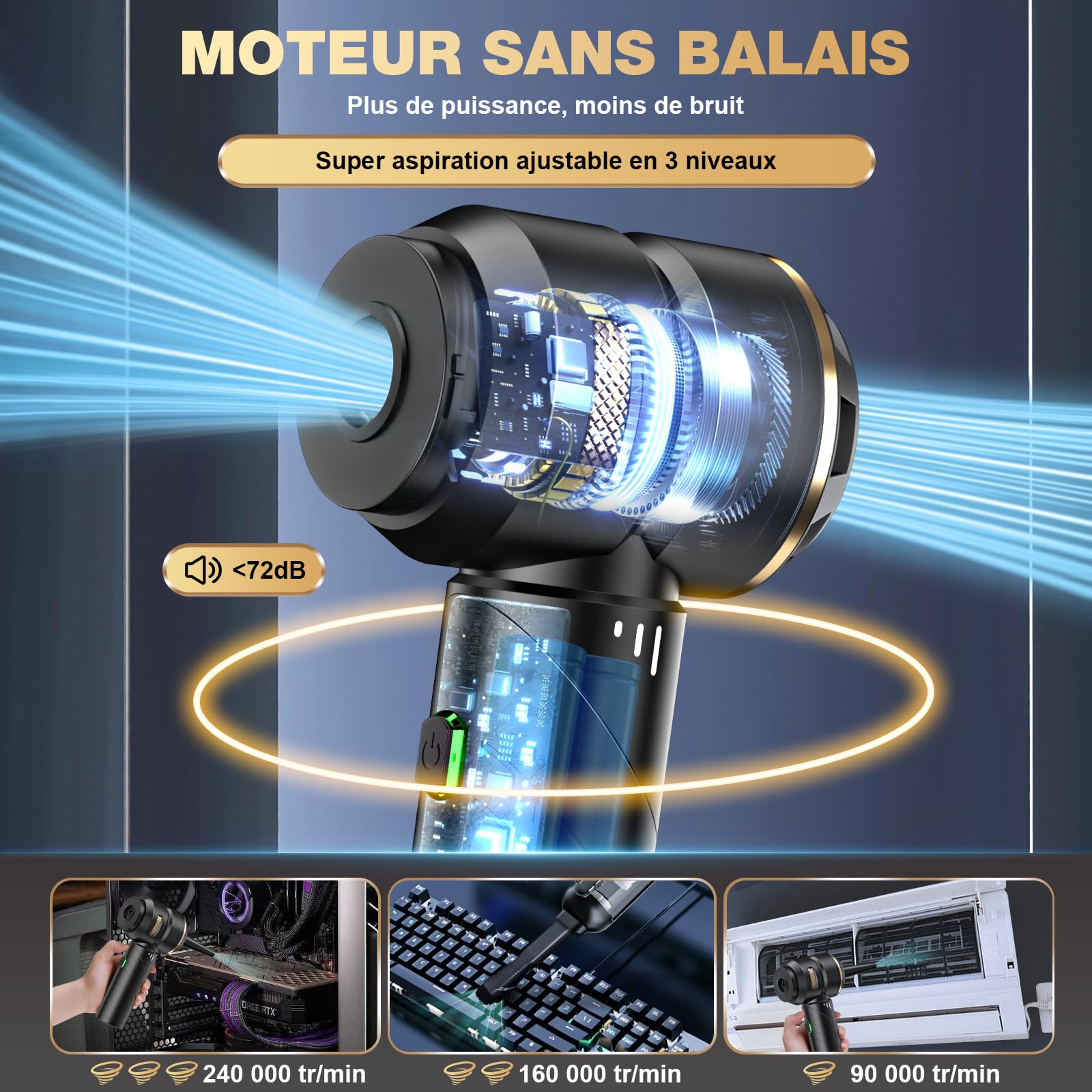 Aspirateur à Main sans Fil 4 en 1, Puissant, 28000 PA, 3 Vitesses 240 000 TR/Min, Aspirateur pour Voiture, Cuisine, PC, canapé, Bureau, Maison et Nettoyage des Poils d'animaux (Jaune doré)