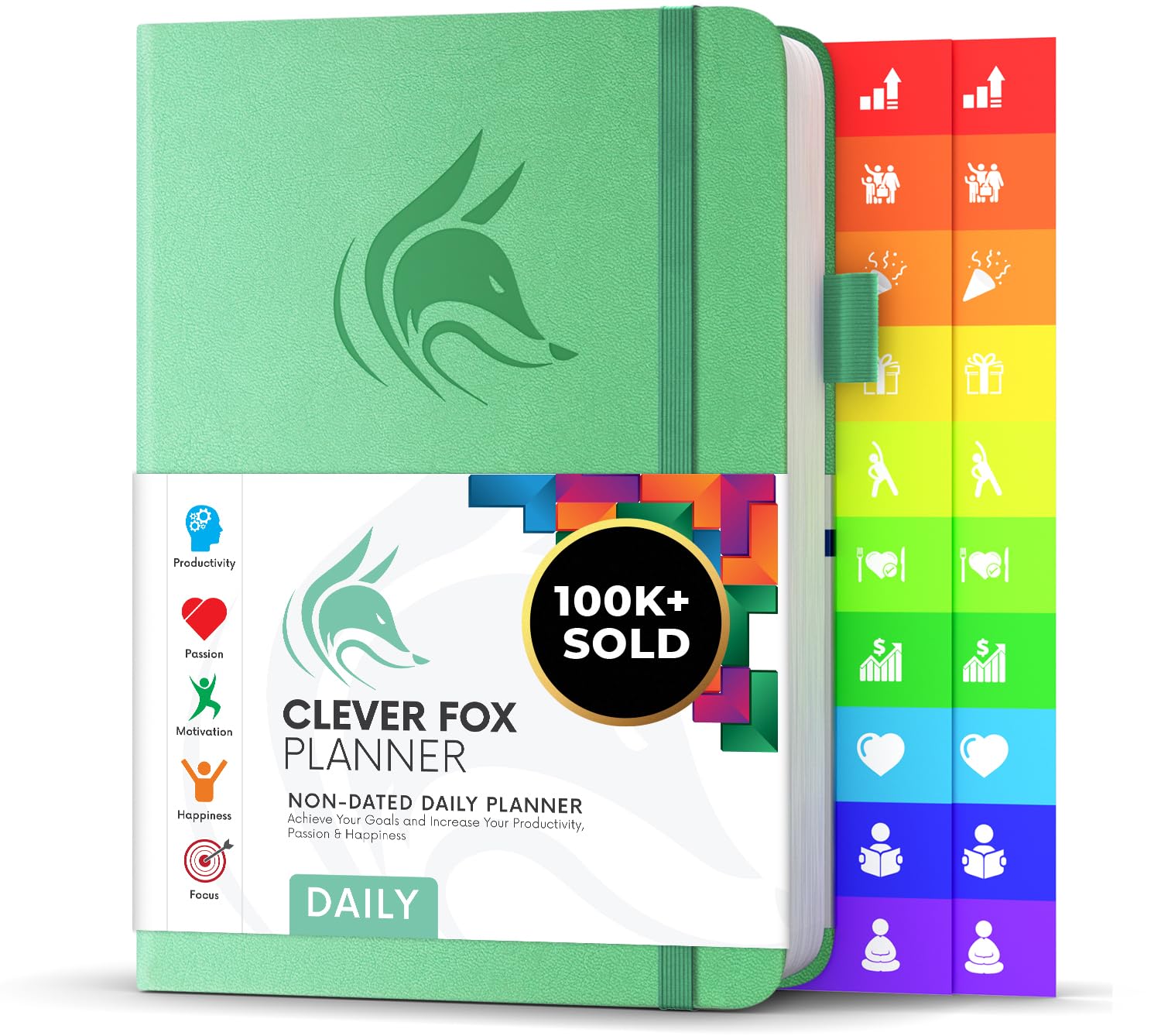 Clever Fox Planificador diario - La mejor agenda y calendario diario para aumentar tu productividad, satisfacción y objetivos - Organizador personal diario - A5, Sin fecha - Menta (Inglés)