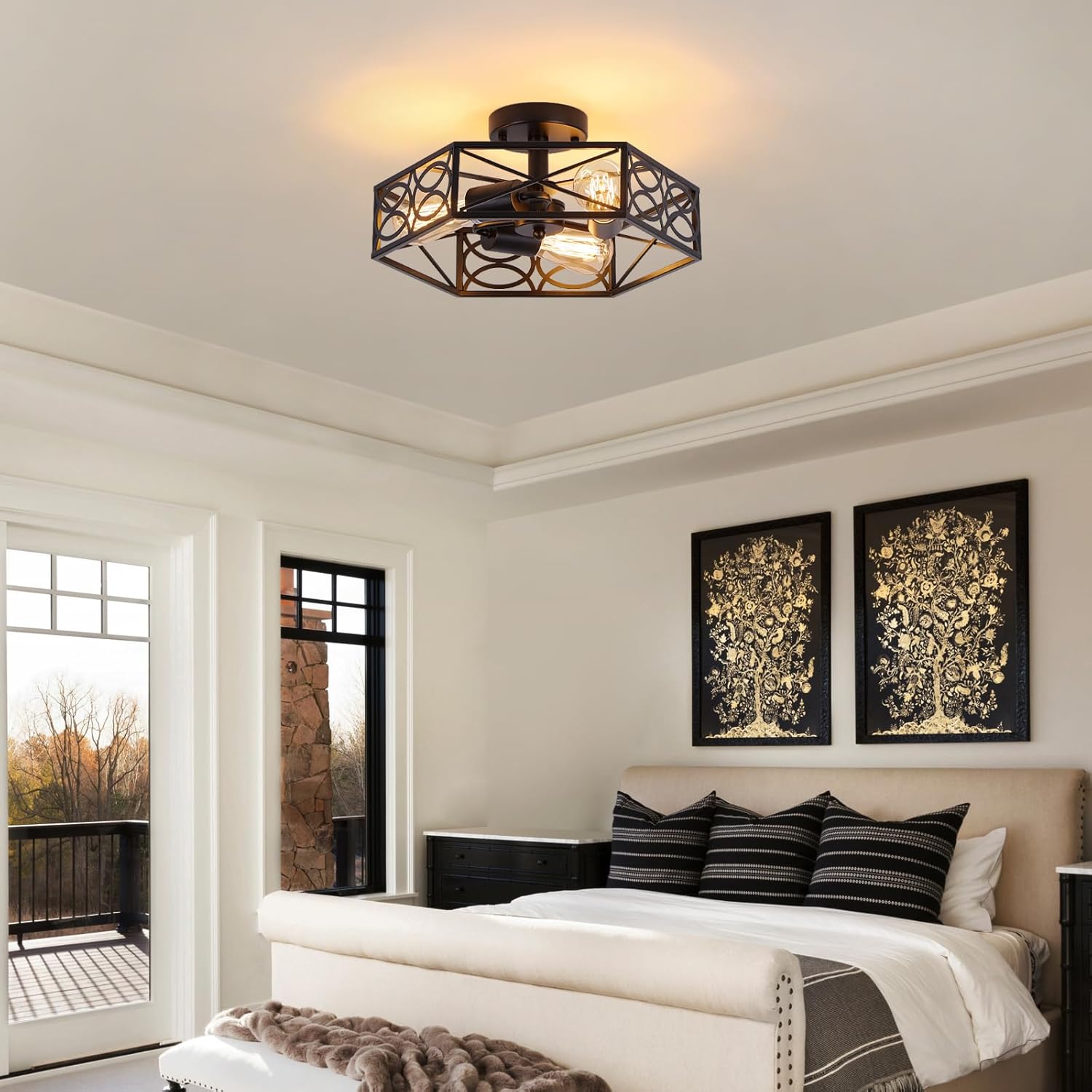 Modern Black Semi Flush Mount Ceiling Light Fixture, Industrial Close to Ceiling Light with Metal Hexagon Cage, Vintage Farmhouse 3-Light Ceiling Lamp for Kitchen, Hallway, Bathroom