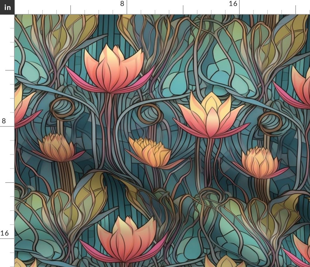 Spoonflower Fabric - Art Deco Floral Egyptian Lotus Stained Glass Nouveau Flowers Botanical Printed on Petal Cotton Fabric by The Yard - Sewing Quilting Apparel Crafts Decor