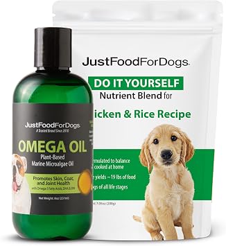 JustFoodForDogs DIY Homemade Chicken Dog Food Nutrient Blend and Omega Oil Bundle, Eco-Friendly Algae Oil, Omega-3 Fatty Acids