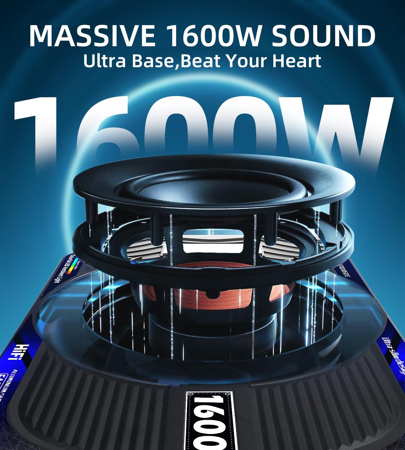 2026 Upgraded 1600W Slim Underseat Car Subwoofer and Amp Package with RGB Beat-Synced Light, Built-in Class D Amplifier, Low Pass/Gain/Bass Boost Control, Deep Subsonic Bass for Truck SUV Jeep