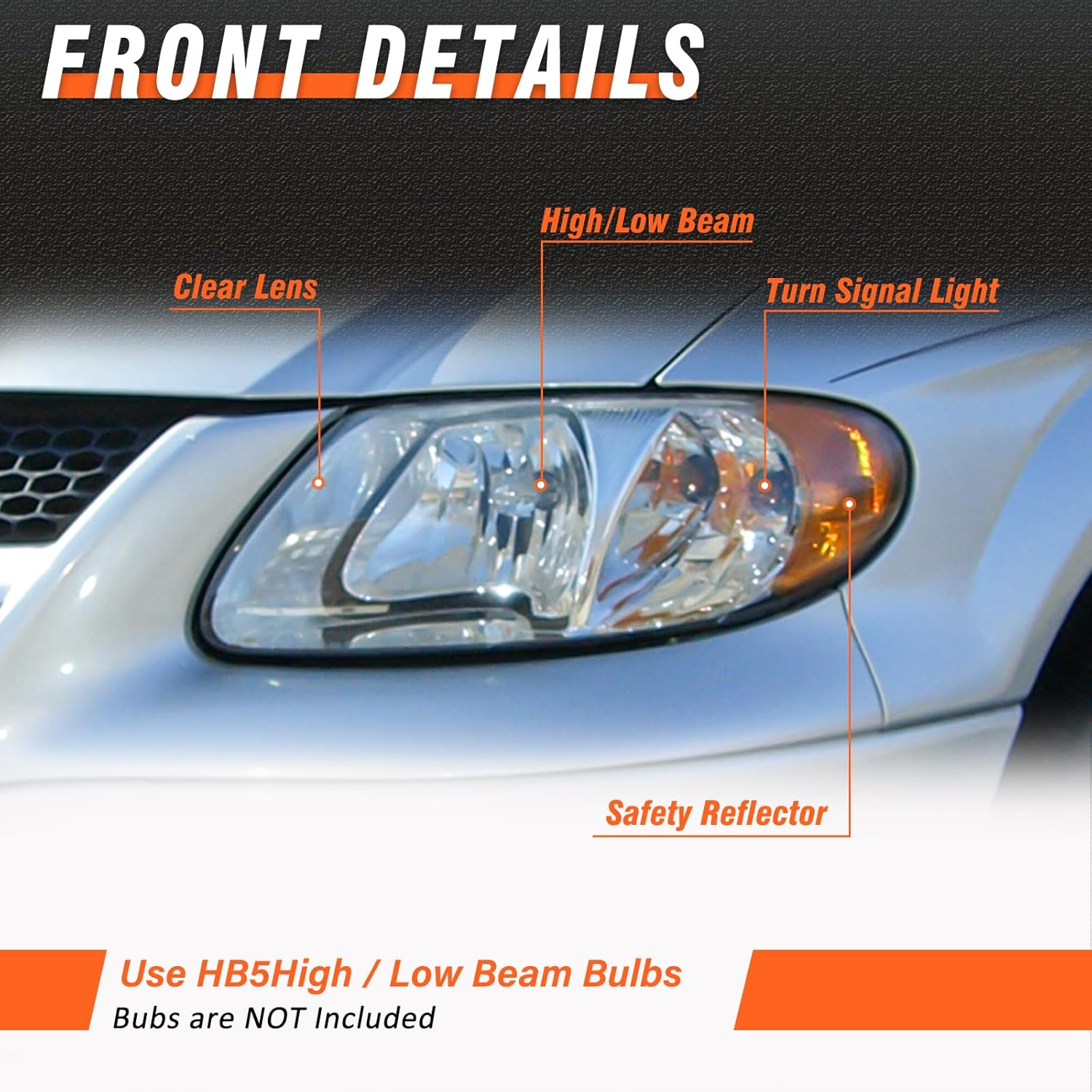 2001-2007 Dodge Caravan Headlight Assembly for 01-07 Dodge Caravan /01-03 Chrysler Voyager /01-04 Chrysler Town and Country /05-07 Town & Country (Fits Base Model ONLY) Clear Lens Chrome Housing