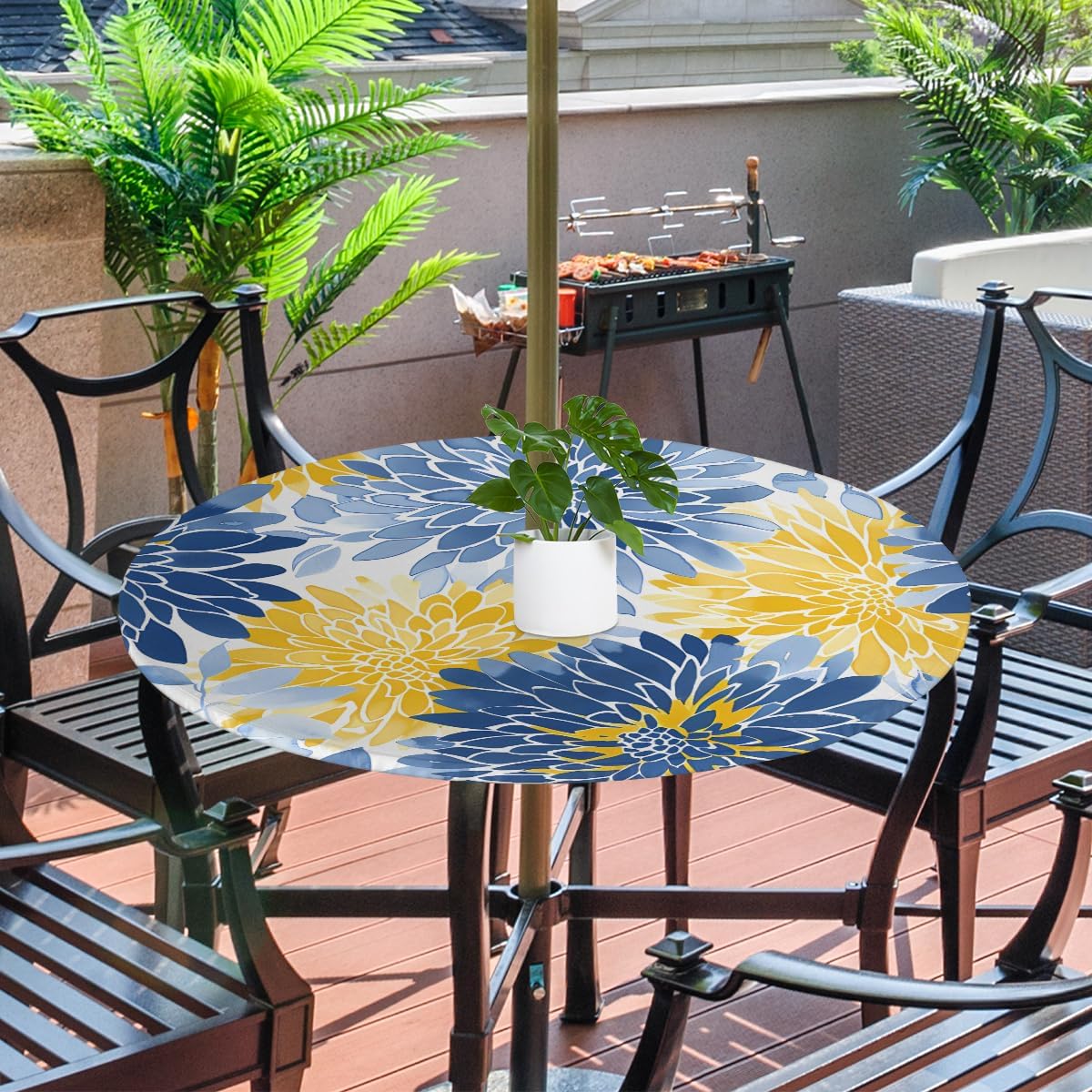 OSAM SPACE Outdoor Tablecloth with Umbrella Hole, Round Elastic Fitted Table Cloth with Invisible Zipper,Blue Yellow Chrysanthemum Flower Picnic Patio Table Cover 45-56in