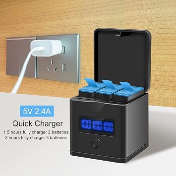 Suptig 3-Channel Charger Station + 2-Pack 1220mAh Batteries Compatible with GoPro Hero 5/6/7/8 Black, Digital Display & Dual Cable Ports