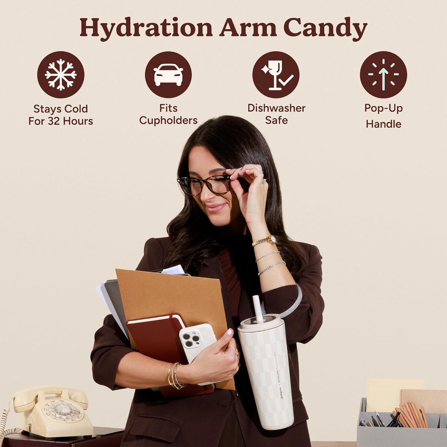 REDUCE Halo 32 oz Stainless Steel Vacuum Insulated Tumbler - Spill Proof Travel Mug with Flip Handle Lid - Keeps Drinks Cold for 32 Hrs - Dishwasher Safe - Cupholder Friendly - Feeling Neutral - Image 3