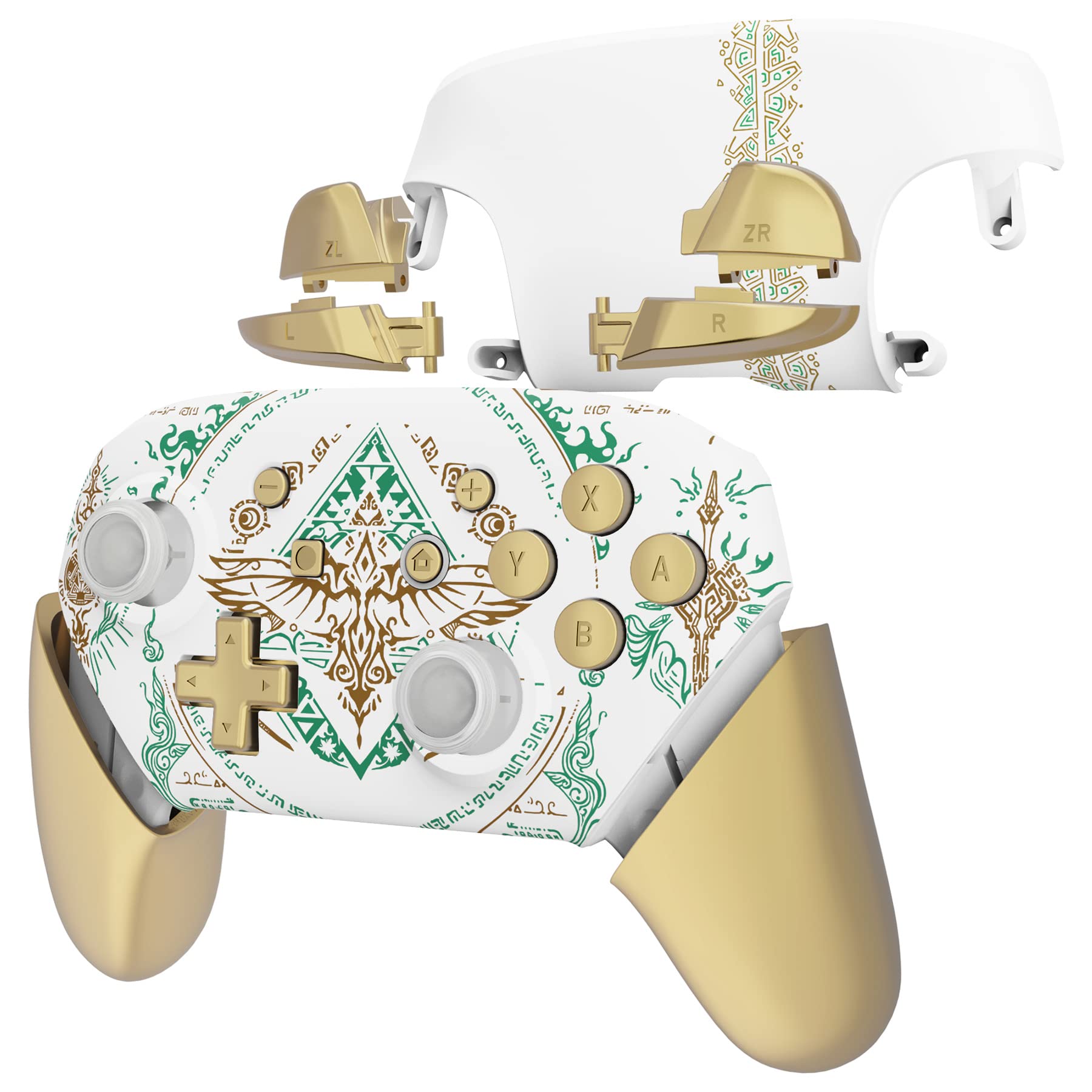 eXtremeRate Coque de Remplacement pour Nintendo Switch Pro Manette, Coques avec Motifs Avant Arrière Poignées Grips pour Manette Switch Pro Glow in Dark - Totem of Kingdom Blanc
