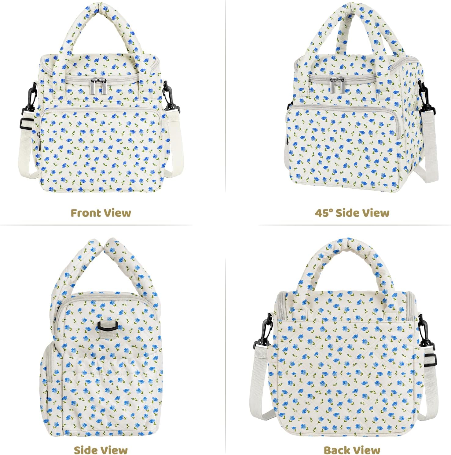 Women's Insulated Lunch Tote Bag - Inch Quilted Lunch Box for Women, Large Waterproof Cooler Bag with Pockets for Work, Picnic, Adult (blue flower)