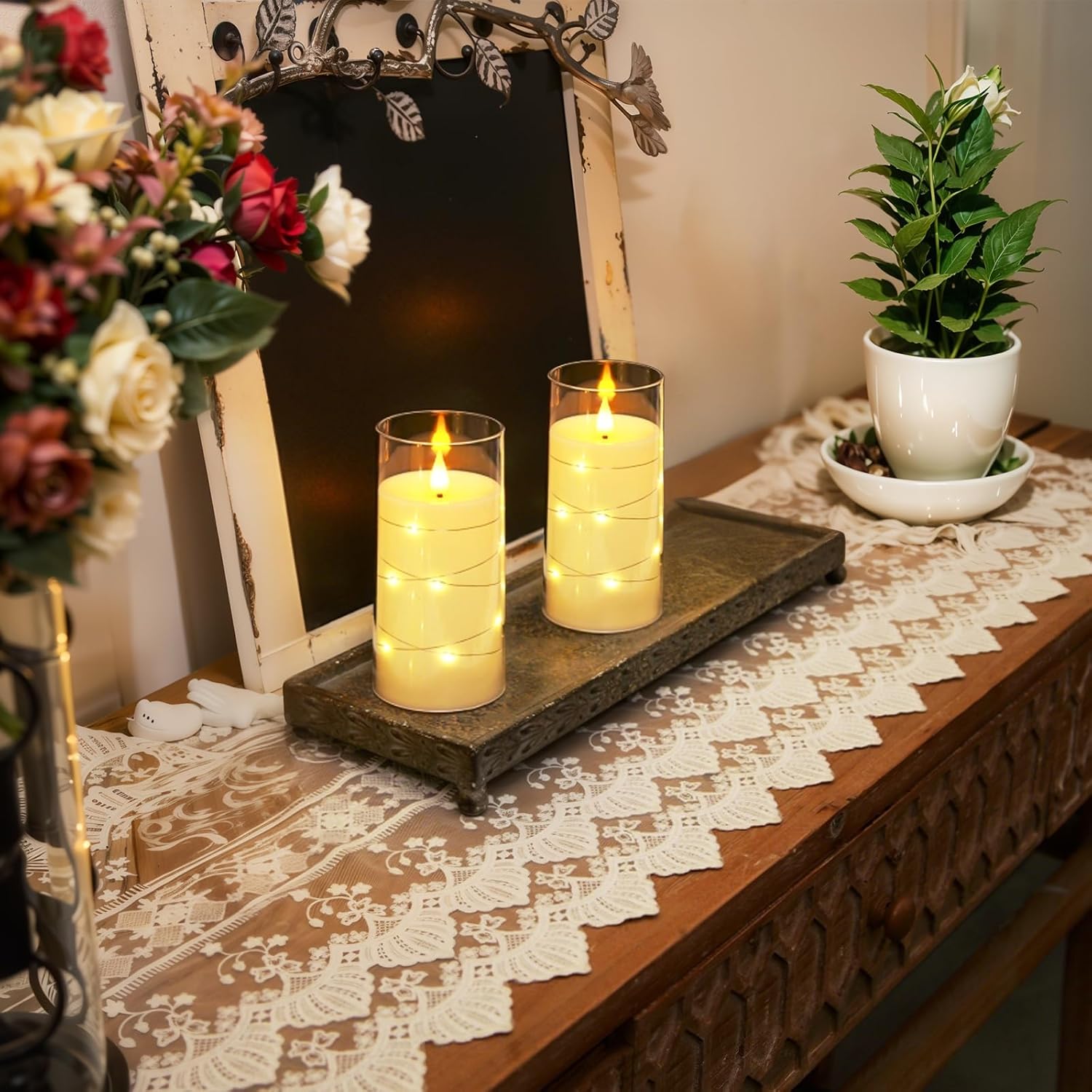 Homemory Flameless Candles with Embedded Star String Fairy Lights, Battery Operated Candles, LED Candle, Fake Candles with Remote Control and Timer, White, Set of 2(H 6" 6")